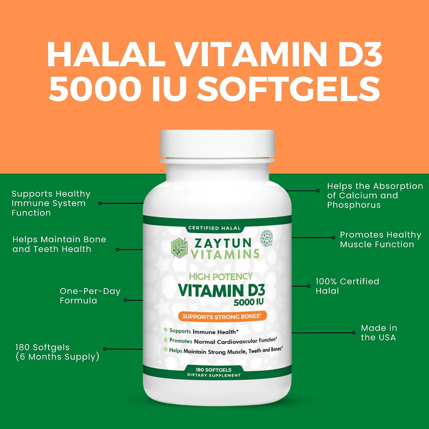 Zaytun Halal Vitamin D3 5000 IU, 6 Months Supply, Supports Bones, Healthy Muscle Function & Immune, Premium Vitamin D from Safflower Oil, Non-GMO