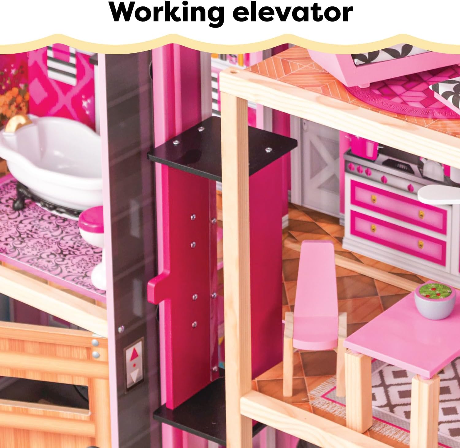 KidKraft Wooden Dollhouse Shimmer Mansion for 12" Dolls | Over 4 Feet Tall, Garage, For 12-Inch Dolls, DIY Pink Doll House, Gift for Ages 3+
