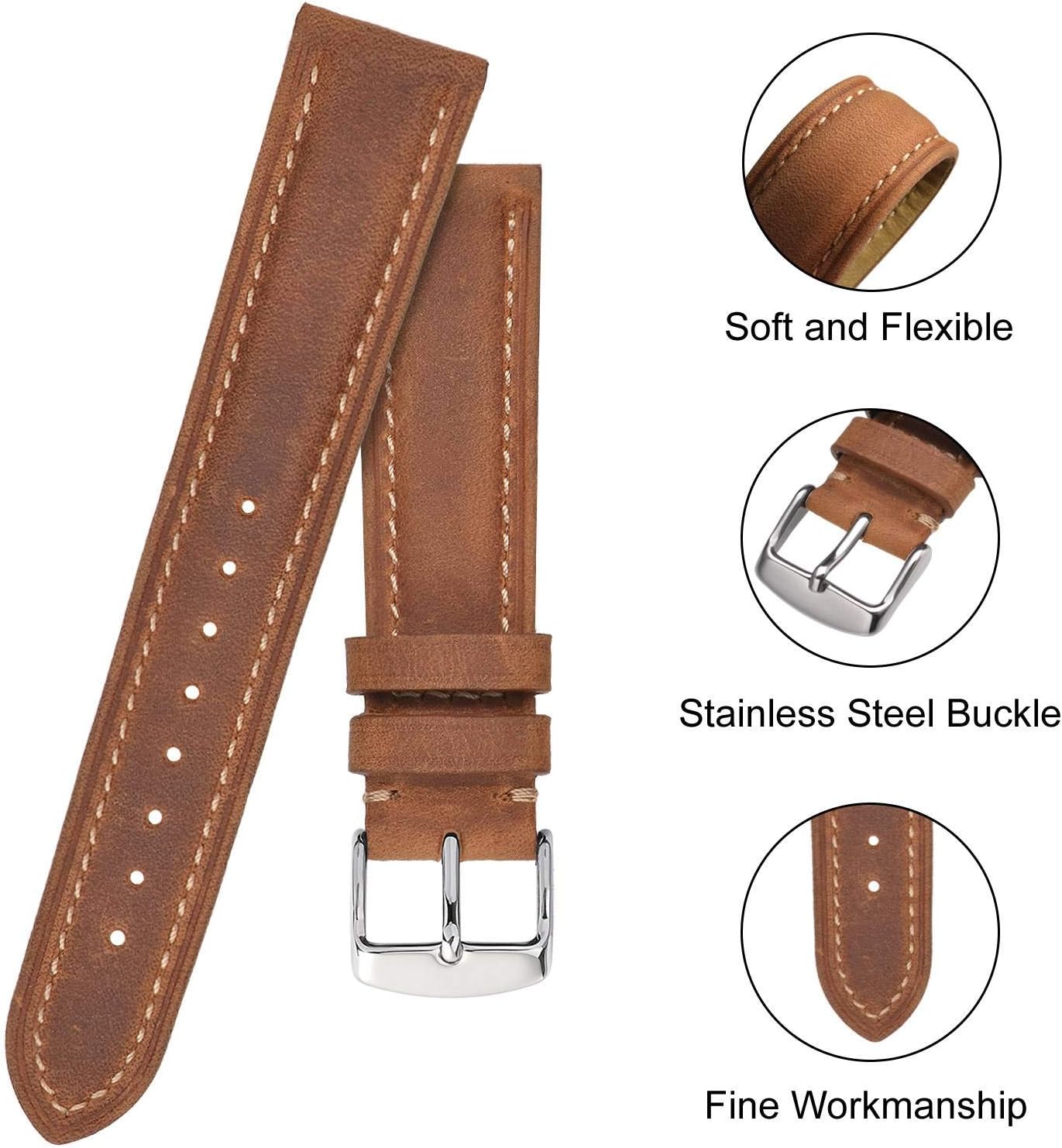 BISONSTRAP Watch Strap, Vintage Leather Replacement Bracelet, Band Width-14mm 15mm 16mm 17mm 18mm 19mm 20mm 21mm 22mm 23mm 24mm