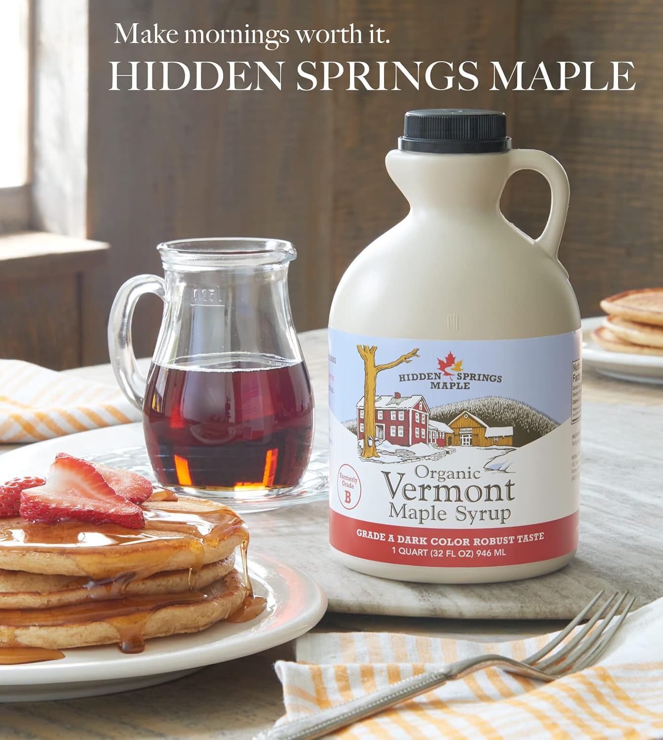 Hidden Springs Maple Organic Vermont Maple Syrup, Grade A Dark Robust (Formerly Grade B), 32 Ounce, 1 Quart, Family Farms, BPA-free Jug