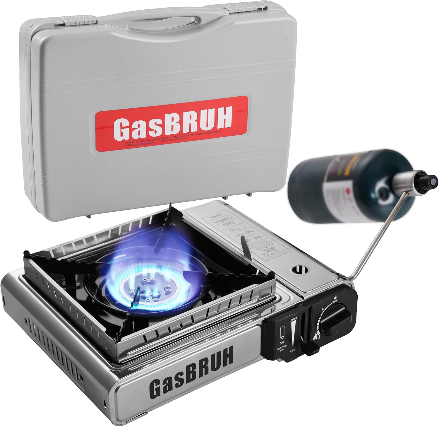 GasBRUH Propane or Butane Camping Stove with Windblocker, Dual Fuel 10,000 BTU Stainess Steel Propane Stove for Camping(TANK not included)
