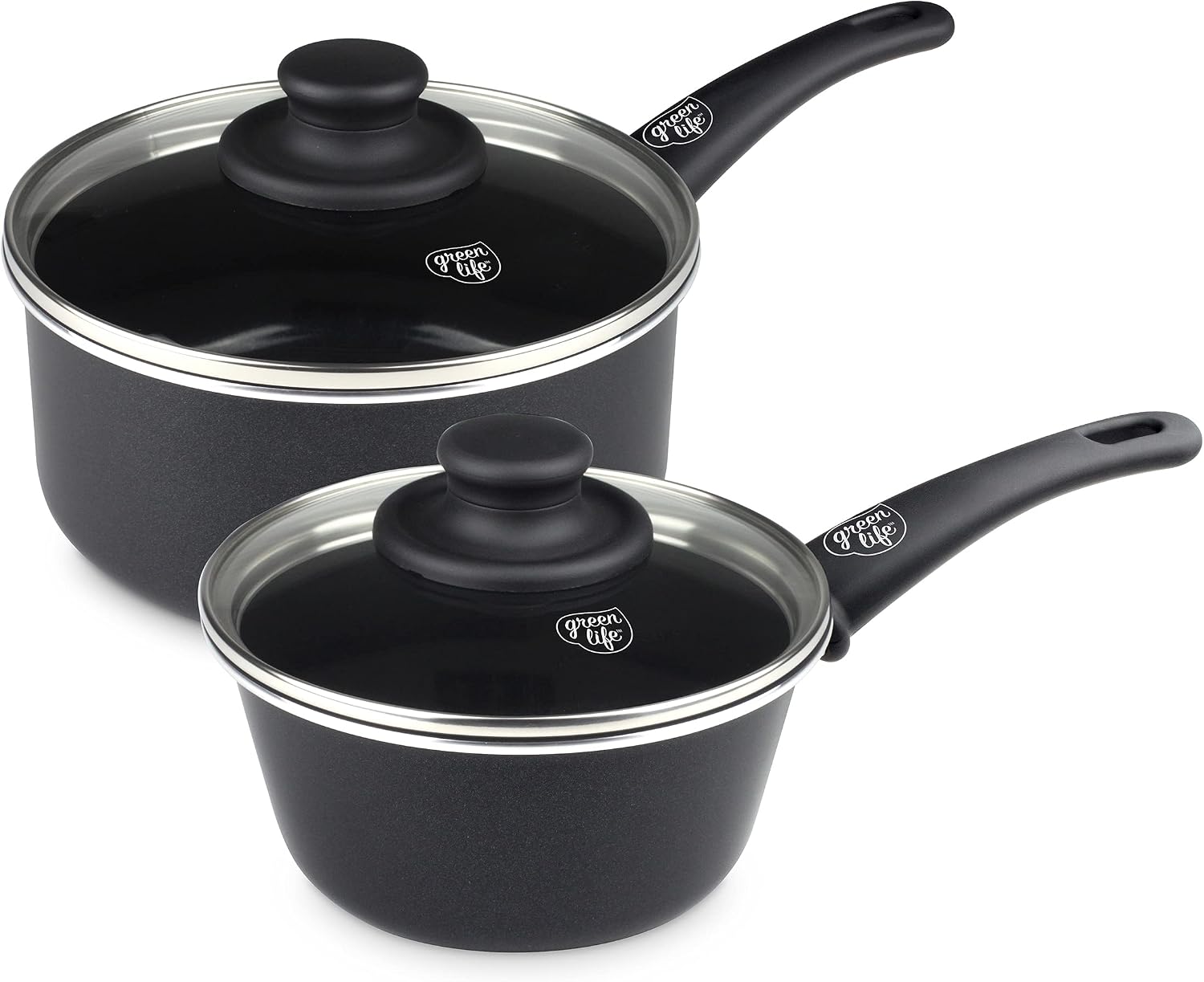 GreenLife Soft Grip 1QT and 2QT Saucepan Set, Healthy Ceramic Nonstick, Non Toxic PFAS & PFOA-Free, Dishwasher Safe, Glass Lids, Stay-Cool Handles, Easy Clean Cookware, Kitchen Essentials, Turquoise
