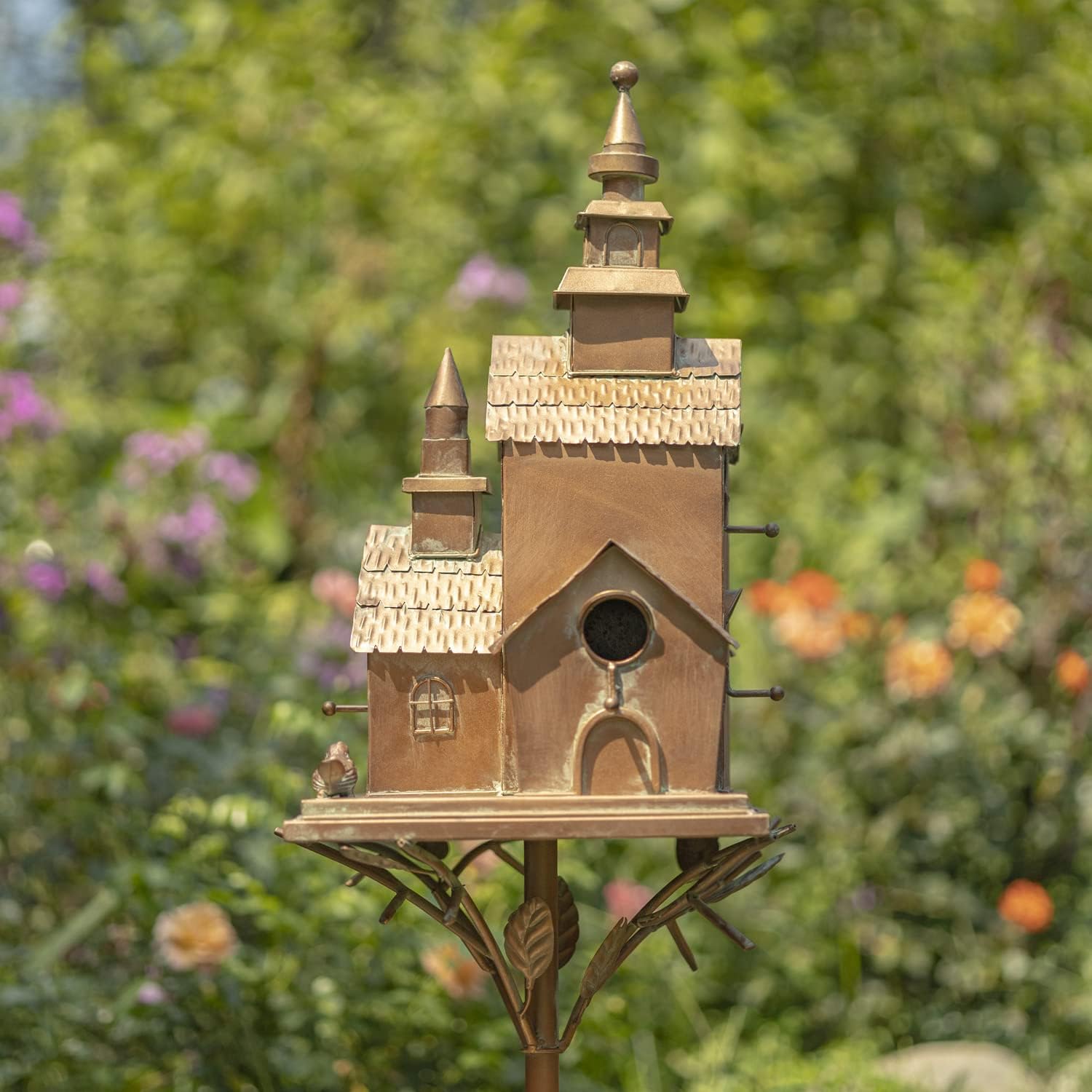 Large Copper Colored Multi-Birdhouse Stakes, Room for 4 Bird Families in Each (Cube Homes with Pyramid Roofs)