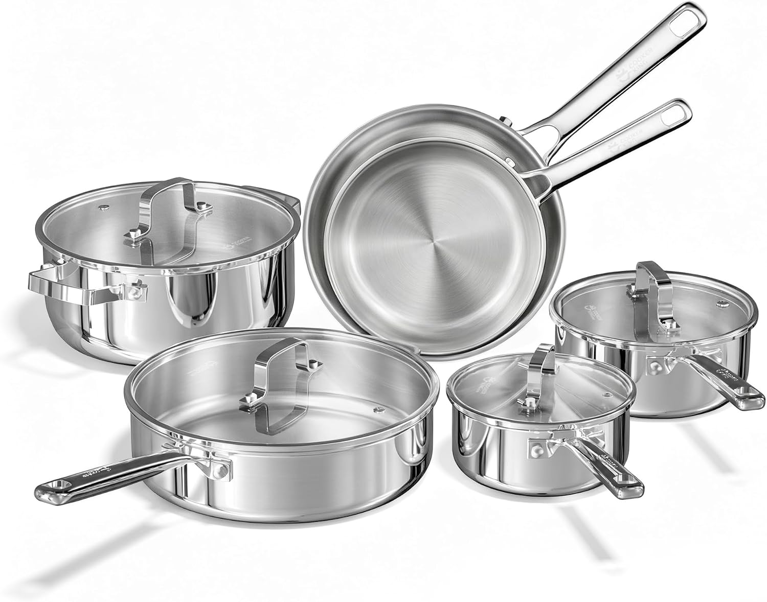 Tri-Ply Stainless Steel Cookware Set, 10pcs Pots and Pans Set Non Toxic | PFOA Free, Oven Safe to 900℉, Dishwasher Safe, All Cooktop Compatible