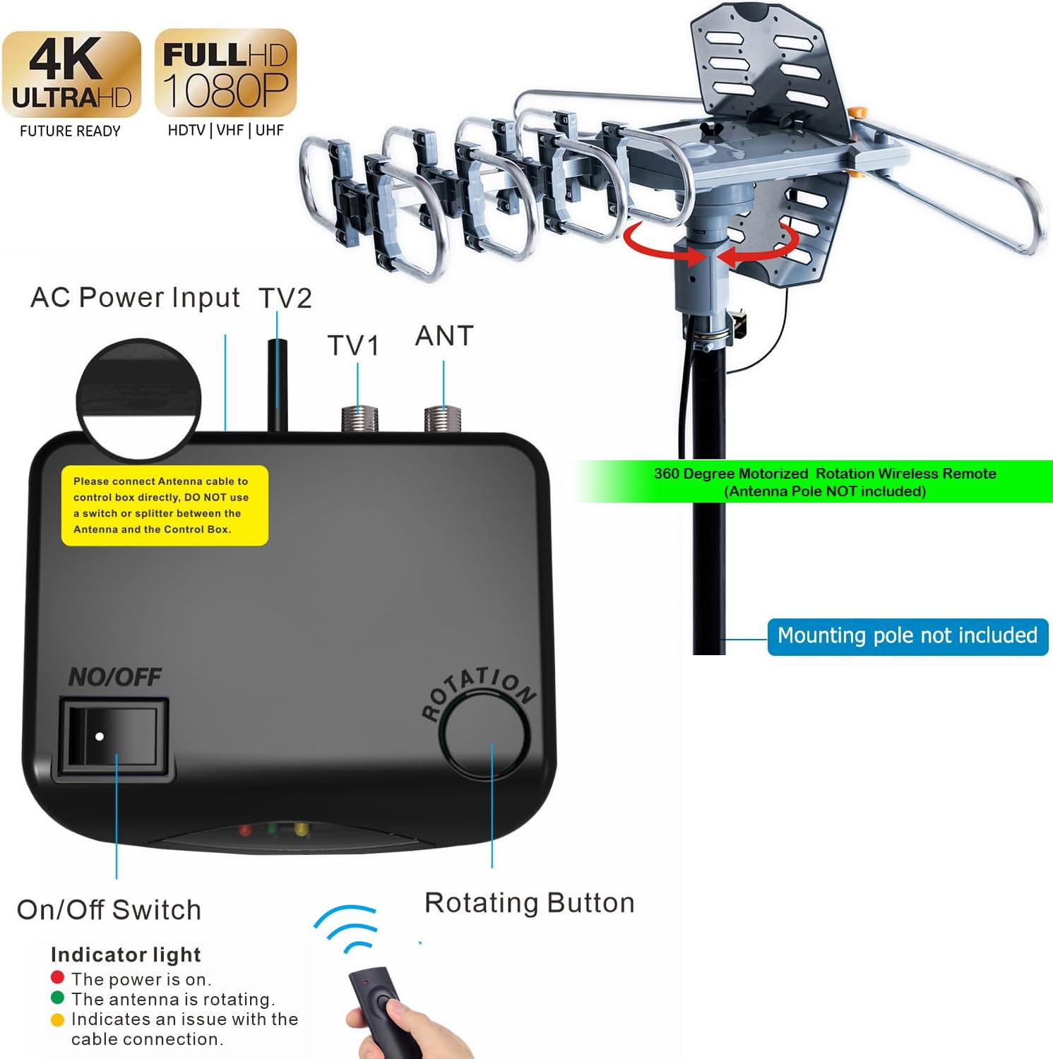PBD Outdoor Digital Amplified HDTV Antenna, 150 Mile Motorized 360 Degree Rotation, Wireless Remote Control, 59FT RG6 Coax Cable