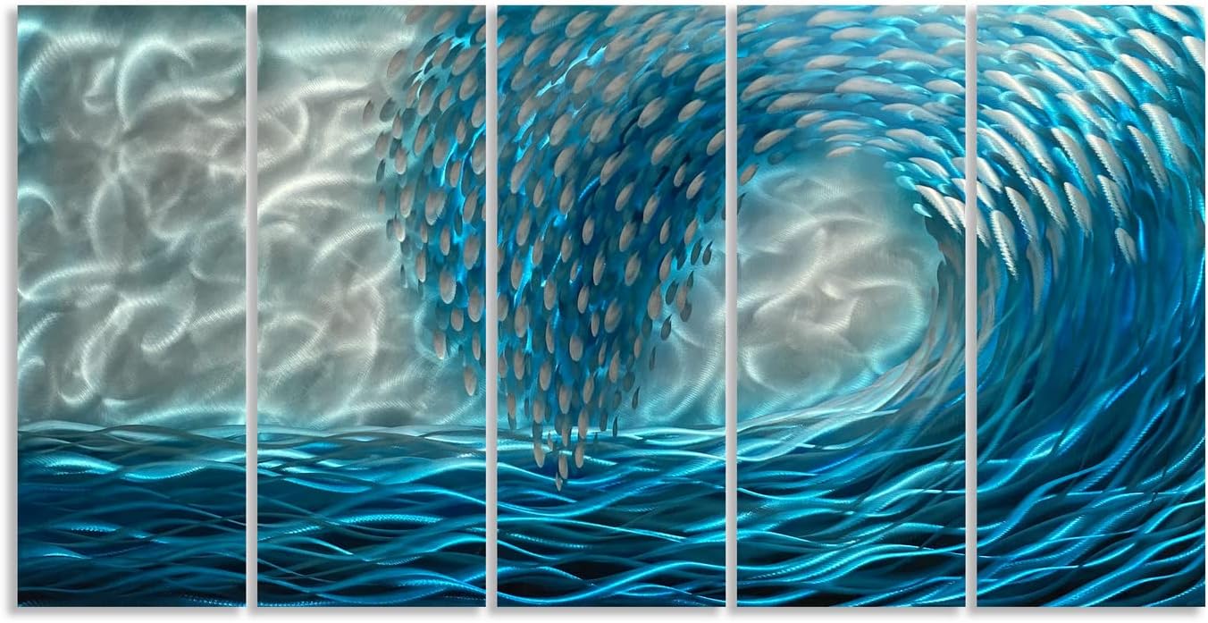 Yihui Arts Handcrafted 3D Metal Wall Art - Ocean Wave Sculpture, 5 - Panel Aluminum Decor for Living Room, Bedroom & Office