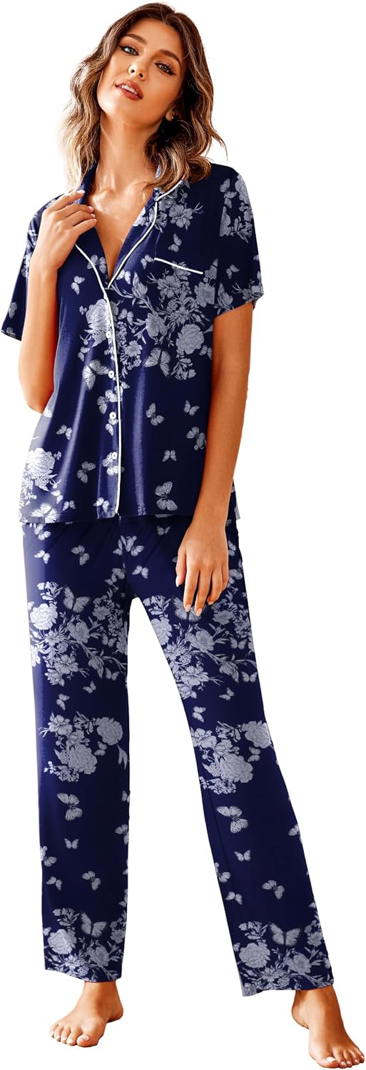Avidlove Women Pajamas Set Notch Collar Soft Sleepwear Pjs Short Sleeve Button Down Nightwear with Long Pants
