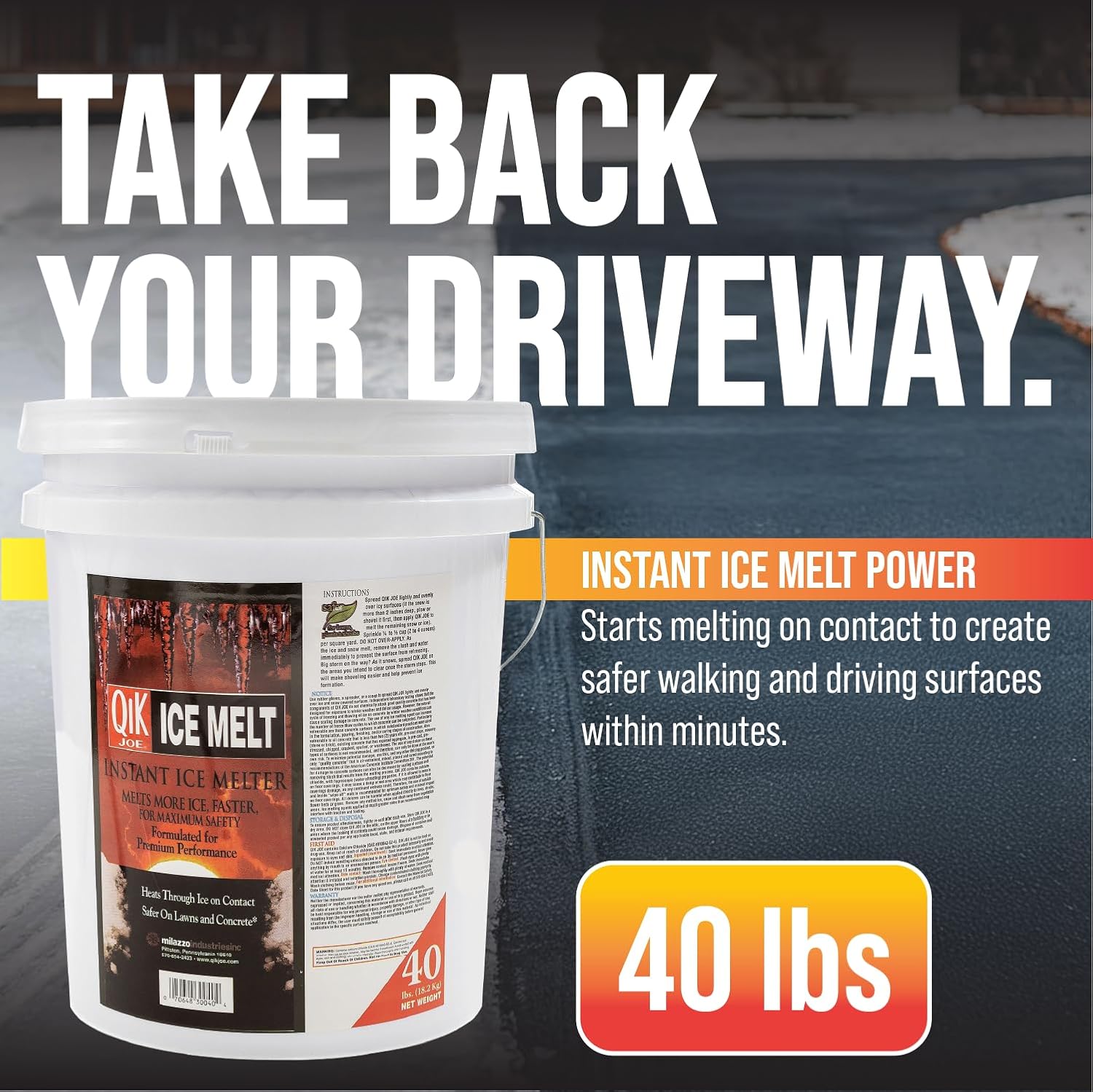 Calcium Chloride Ice Melt - 40lbs Pail - Instant Snow and Ice Melt for Sidewalks, Driveways, Steps, and Parking Lots - Deicer for Concrete, Asphalt