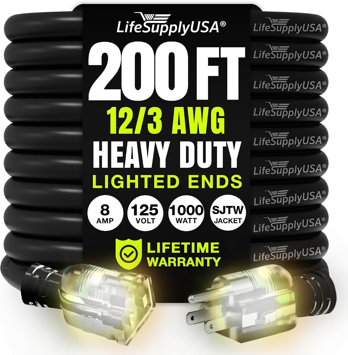 25ft Outdoor/Indoor Extension Cord 12/3 Gauge Extra Heavy Duty 3 Prong SJTW, Waterproof, Flexible Cold-Resistant Long Power Cord,15A 125V 1875W, Yellow by LifeSupplyUSA