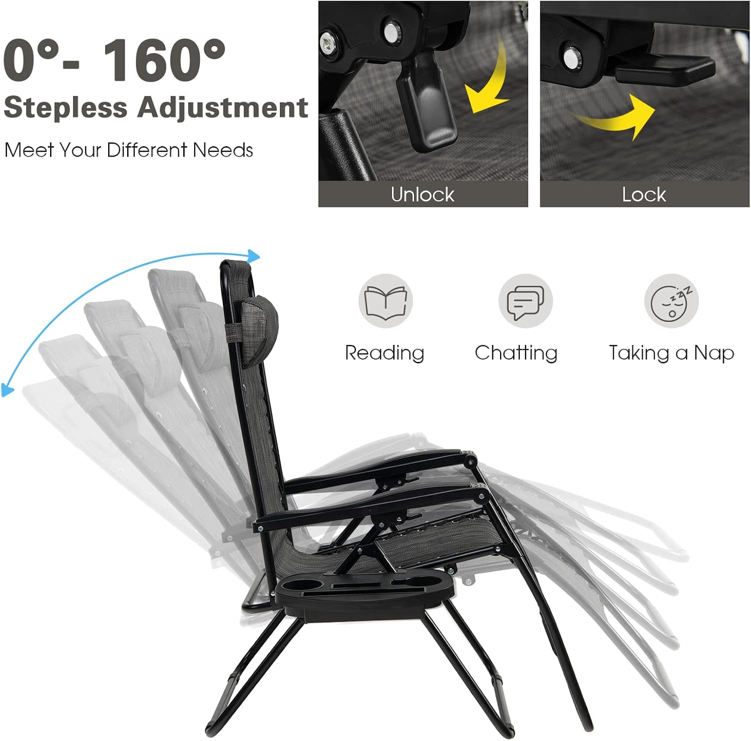Goplus Zero Gravity Lounge Chairs, 160°Adjustable Folding Recliner w/Pillow and Cup Holder, 350LBS Comfy Outdoor Lounge Chairs for Patio, Lawn, Yard & Camp(1, Gray)