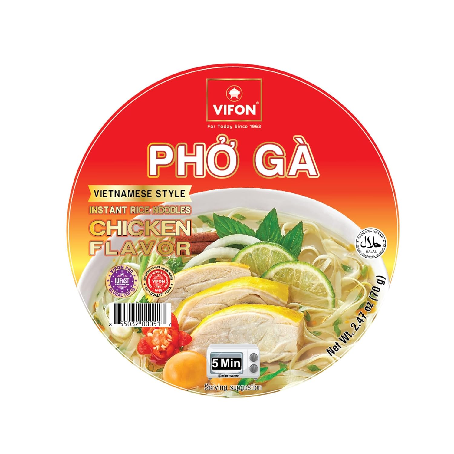 VIFON Pho Bo Vietnamese Beef Flavor Rice Noodle Bowl, 70g (Pack of 12) | Authentic Vietnamese Instant Pho | Halal Certified | Includes Seasoning & Oil Packets | Ready in 3 Minutes