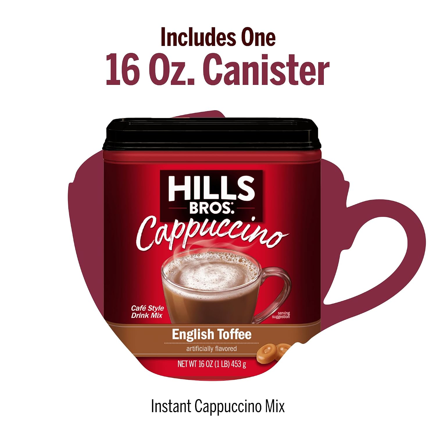 Hills Bros. Cappuccino Mix – Rich, Frothy Coffeehouse-Tasting Instant Drink Mix – Quick and Easy Preparation – Perfect for Hot & Iced Drinks & Creaming Coffee – Double Mocha, 1 Pack of 16oz