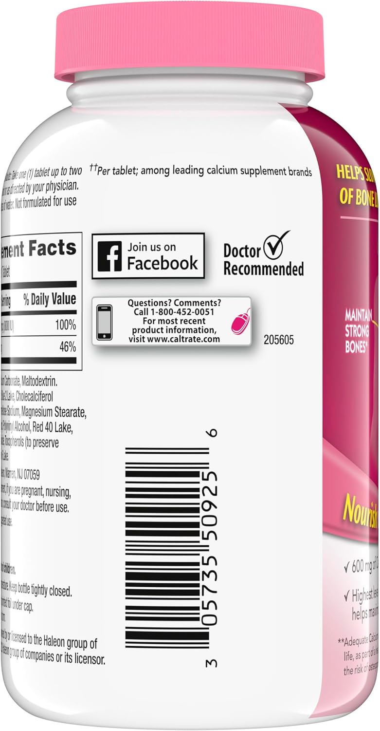 Caltrate 600 Plus D3 Vitamin D and Calcium Supplement Tablets, 200 Count | Highest Level of Vitamin D3