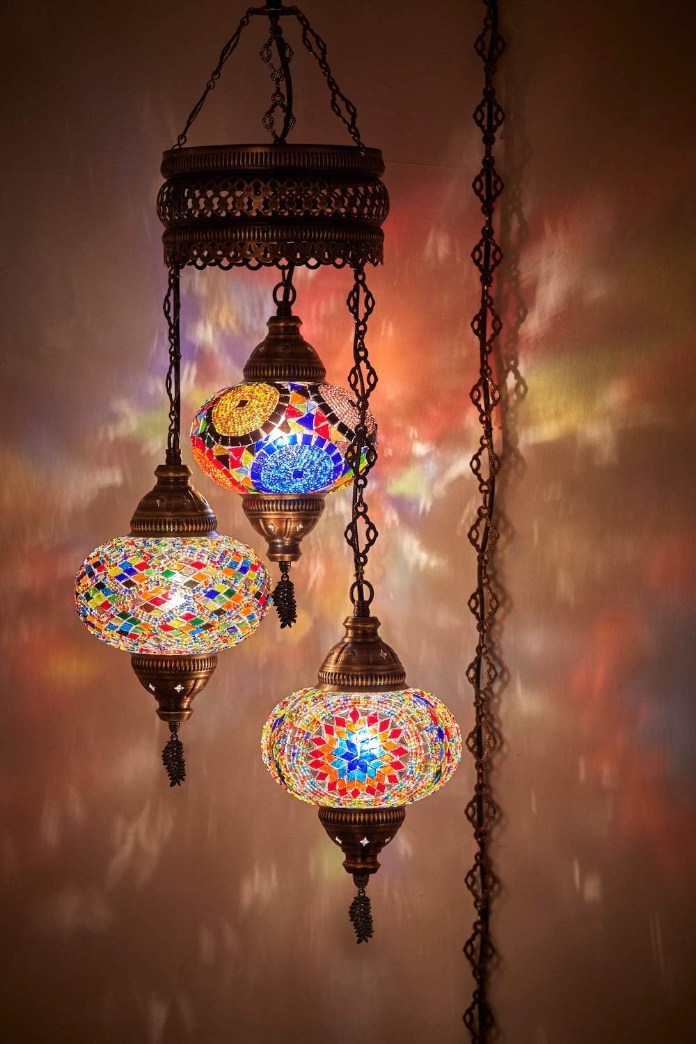 DEMMEX 3-Large 7'' Globes Turkish Moroccan Mosaic Plug-in Chandelier - Handmade Pendant Light Fixture with 15-ft Cord & Chain
