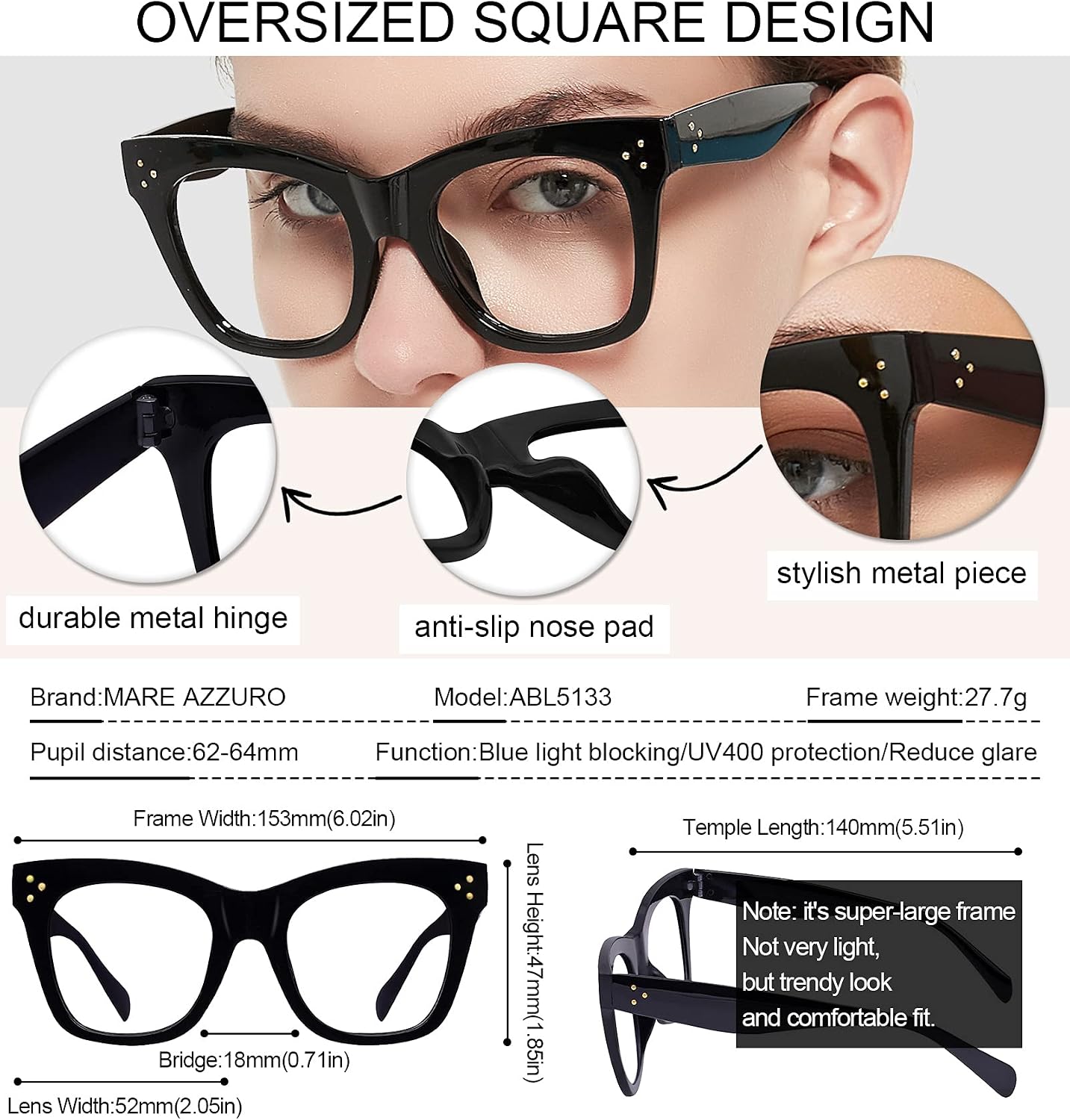 MARE AZZURO Oversized Reading Glasses Women Trendy Large Readers 0 1.0 1.25 1.5 1.75 2.0 2.25 2.5 2.75 3.0 3.5 4.0 5.0 6.0 (Black, 250)