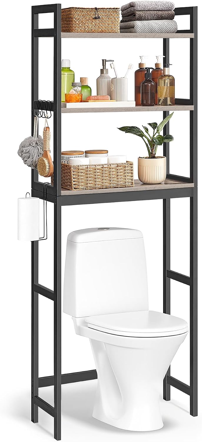 SONGMICS Over The Toilet Storage, 3-Tier Over Toilet Bathroom Organizer with Adjustable Shelf, 10.2 x 24.8 x 66.9 Inches, Space-Saving, Cloud White UBTS01WT