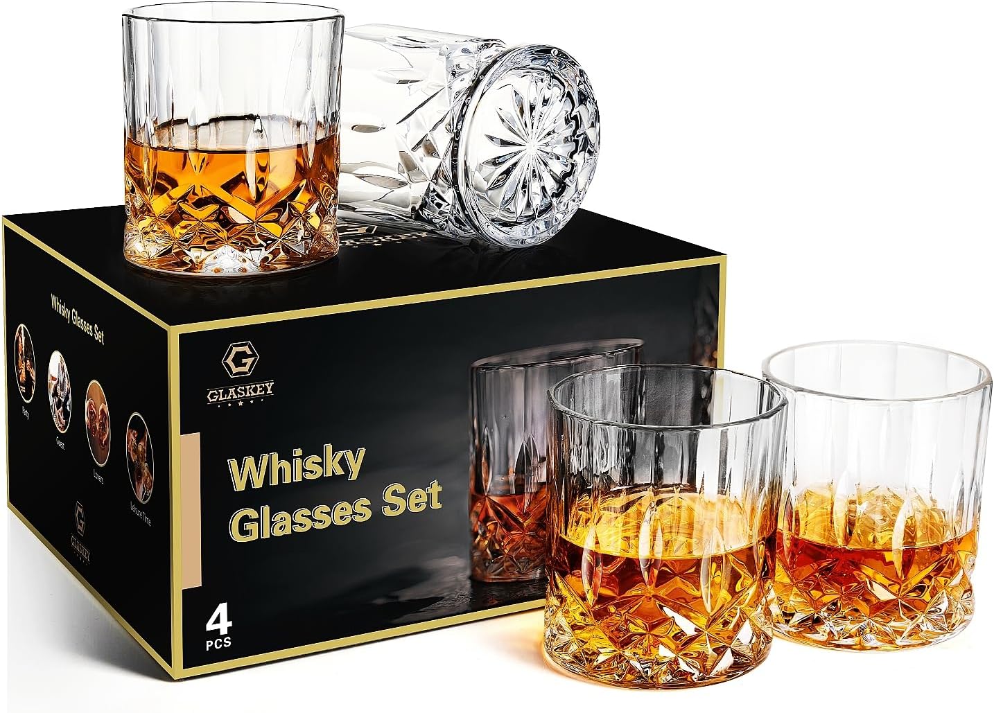 GLASKEY 12 oz Storm Japanese Whiskey Glasses Set of 4, Unique Cognac Glasses, Heavy Thick Bottom Bar Glass for Scotch Bourbon Rum Gin Water Cocktail,Gifts Men Gifts Ideas