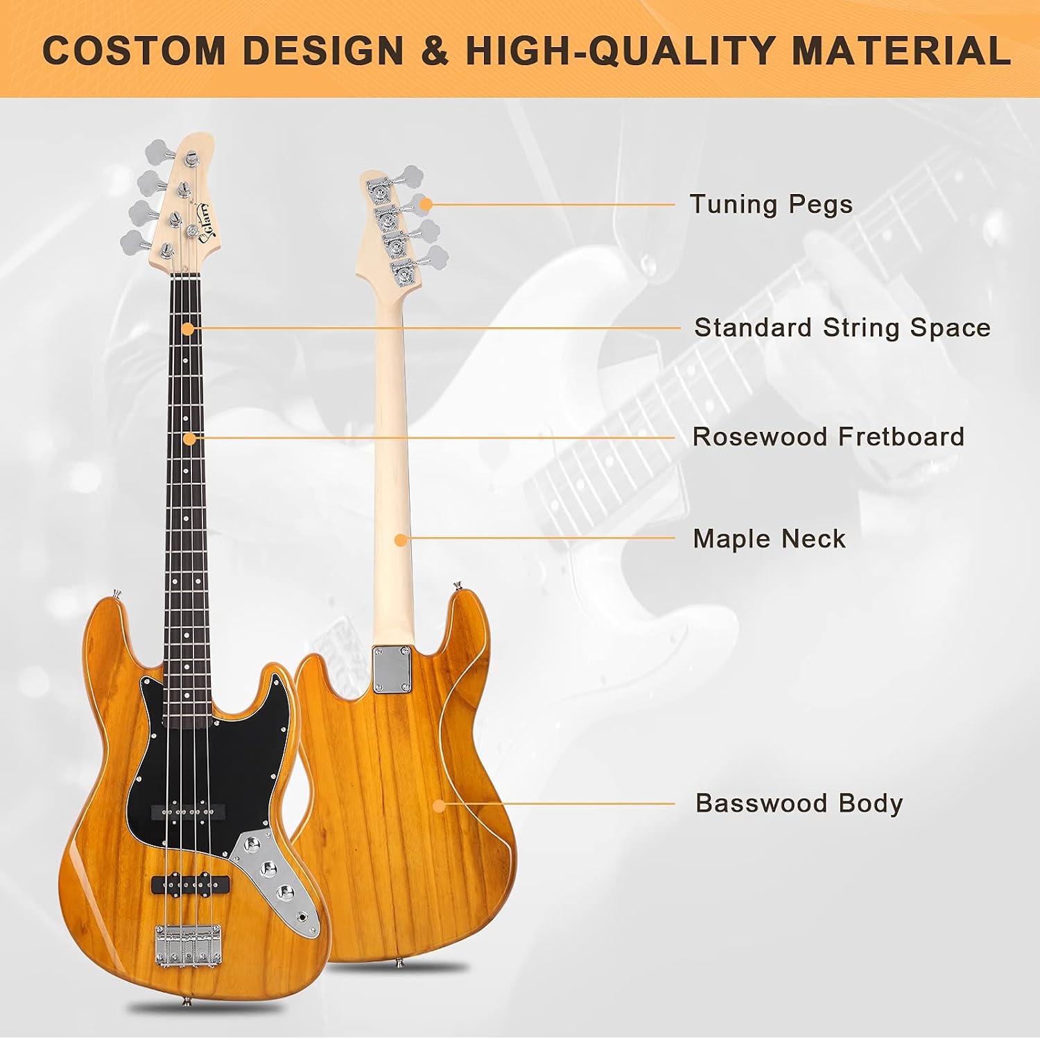 GLARRY 4 String GJazz Electric Bass Guitar Full Size Right Handed with Guitar Bag, Amp Cord and Beginner Kits (Transparent Yellow)