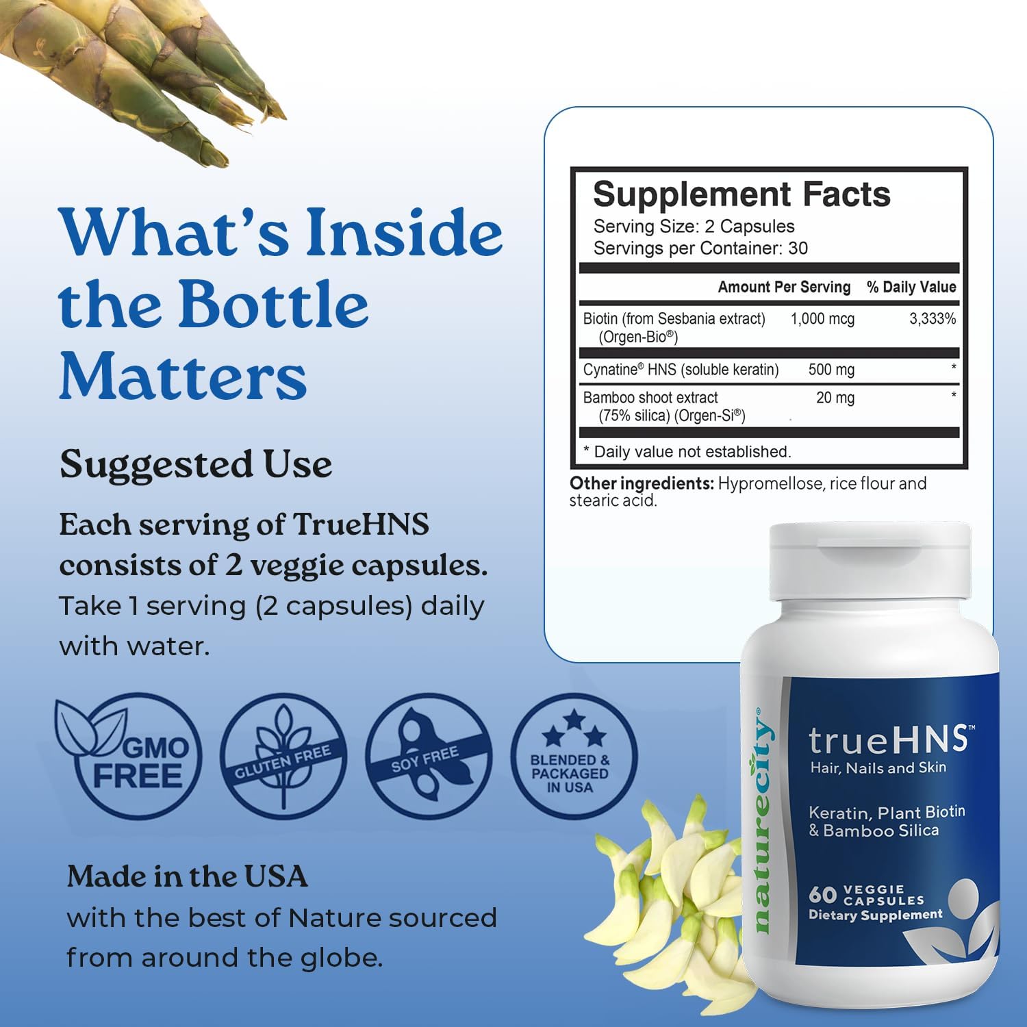 NatureCity True-HNS Hair Nails and Skin Cynatine Keratin and Plant Based Biotin Vitamin Supplement | Fuller and Stronger Hair and Nails | Non GMO | 60 Veggie Capsules