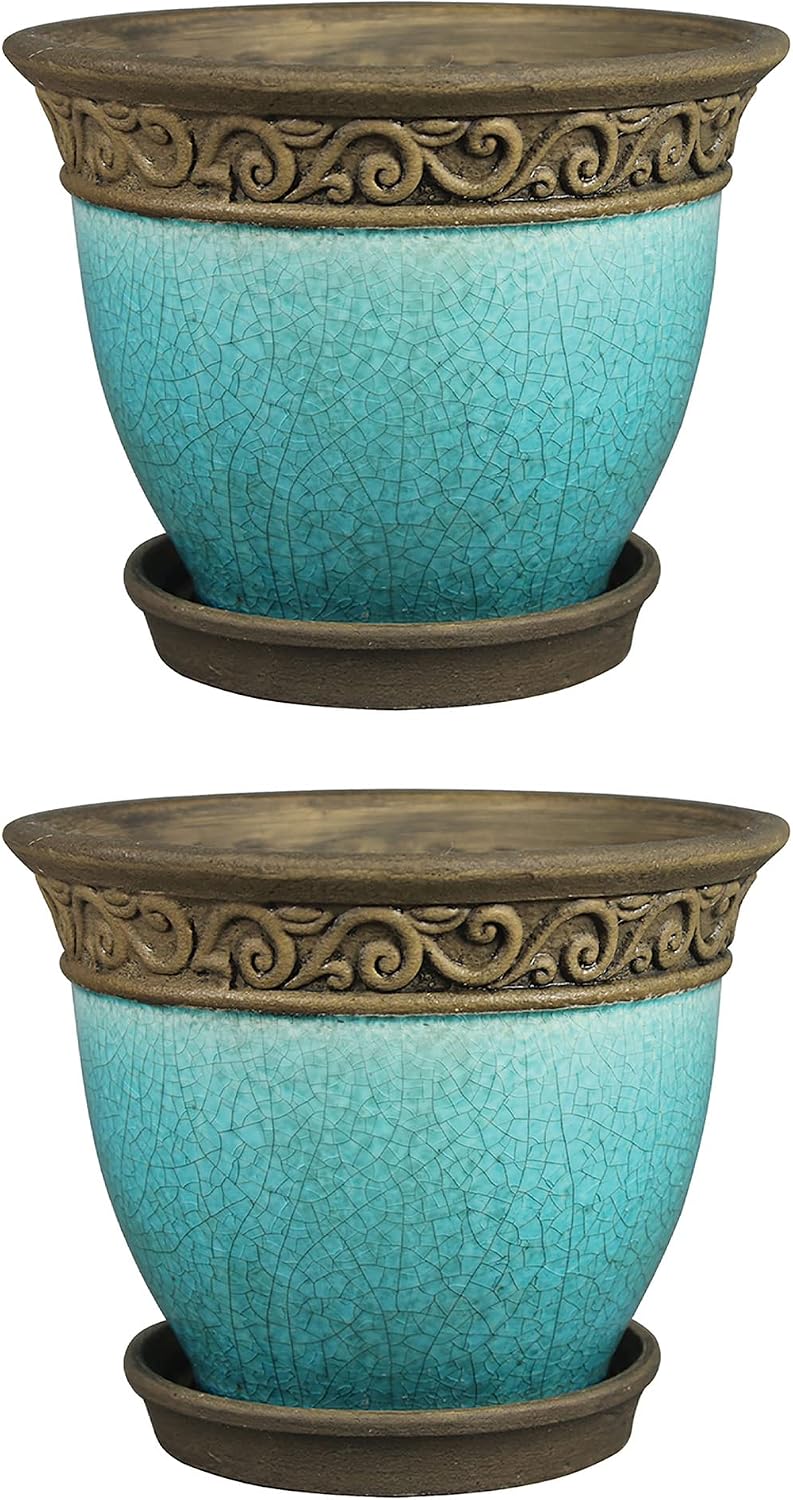 Southern Patio Cadiz 8 Inch Diameter Crackled Glazed Ceramic Indoor Outdoor Garden Planter Pot Urn with Saucer for Flowers, Herbs, and Plants, Teal