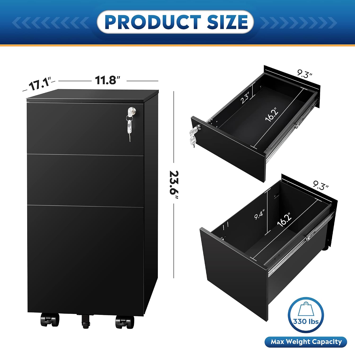DEVAISE 3 Drawer Mobile File Cabinet with Lock, Under Desk Metal Filing Cabinet for Home Office/Legal/Letter/A4 File, Fully Assembled Except Wheels, Black