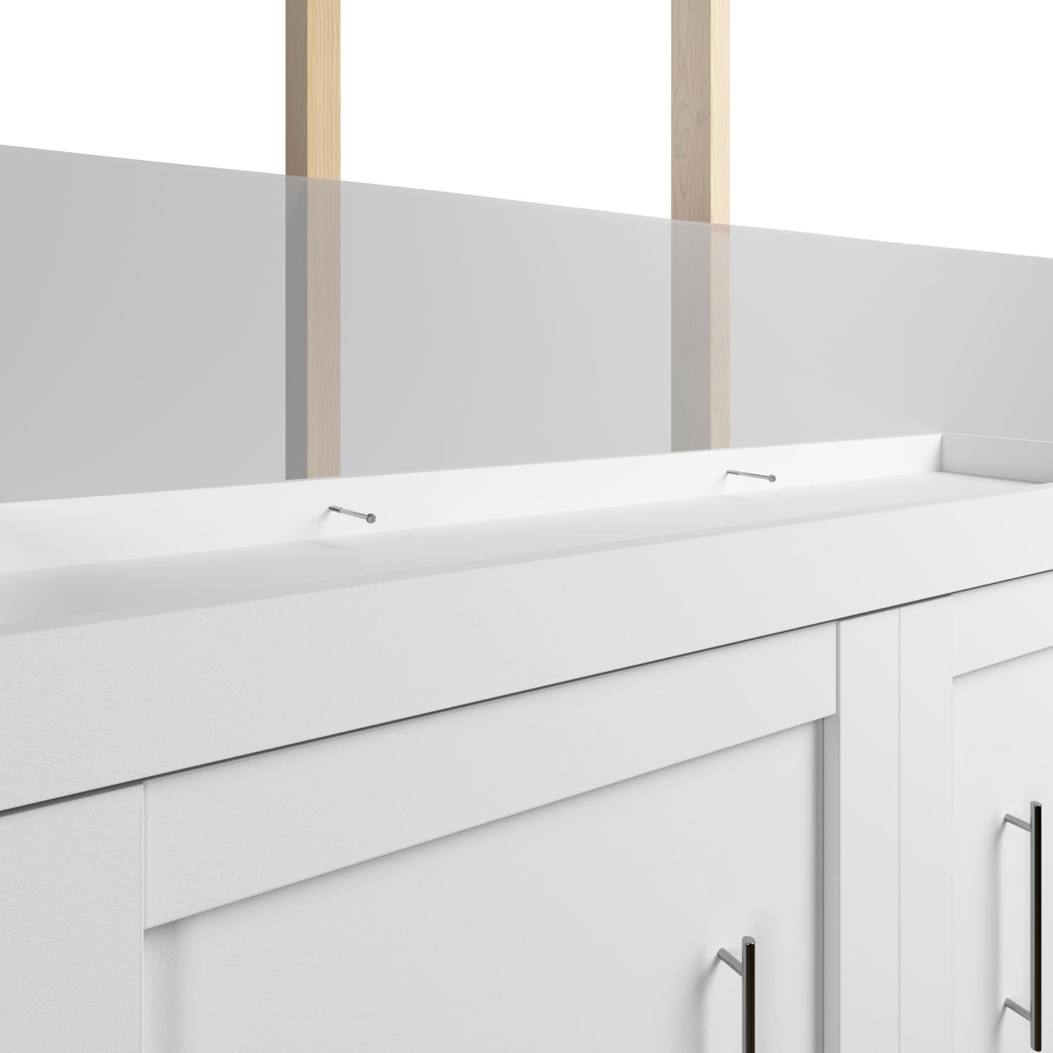 Bestar Pur Full Murphy Bed and 2 Shelving Units with Drawers, 109-inch Space-Saving Sleeping Arrangement in White | 2 Shelving Units with Drawers; supports up to 1000 lb; min. ceiling height 86.4 in.; dual piston mechanism; 10-year warranty