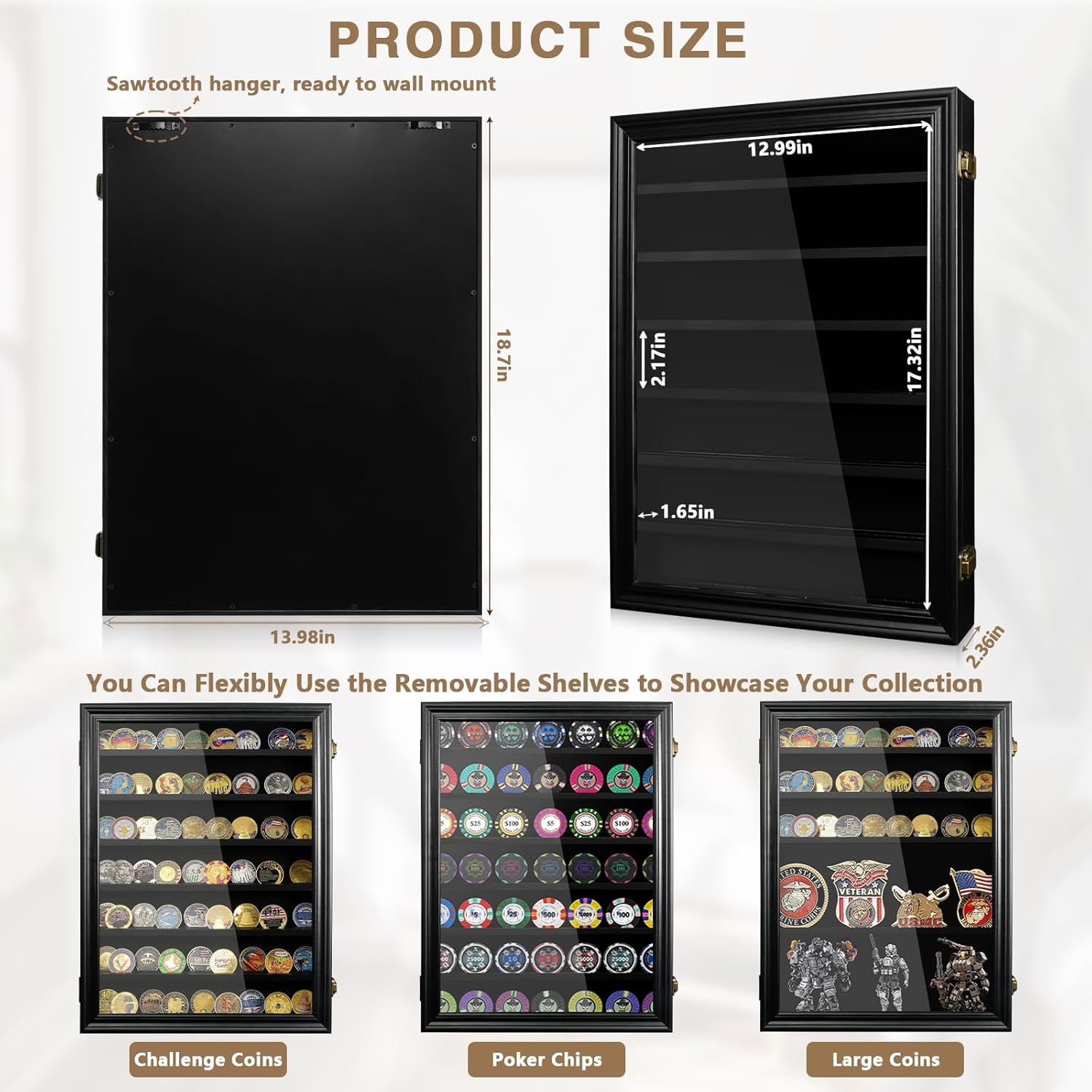 ASmileIndeep 7 Rows Military Challenge Coin Holder Display Cabinet Wall Mount with HD Tempered Glass, Holds 100 Coins, Wooden Medal Display Case Shadow Box with Removable Shelves, Mahogany