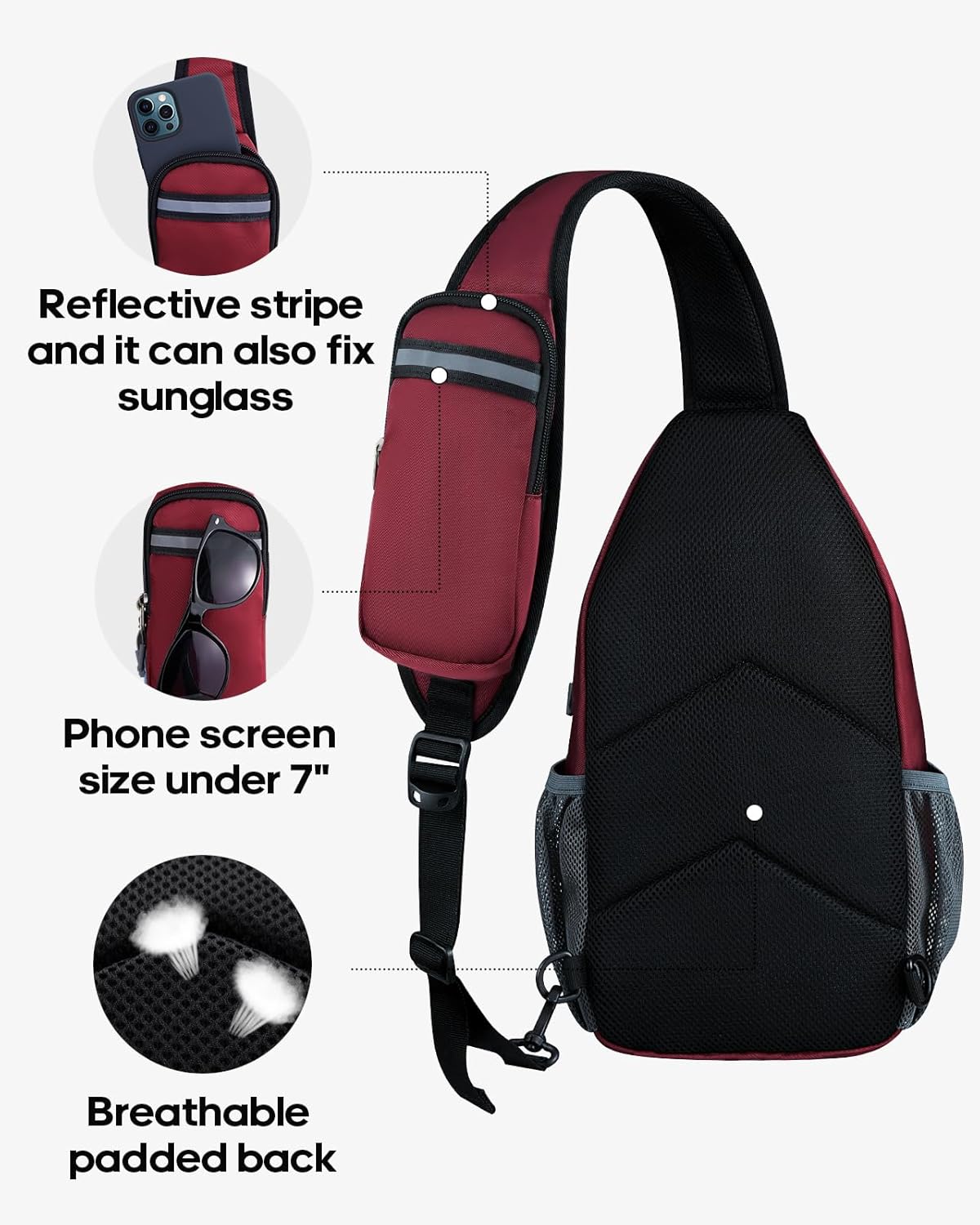 WATERFLY Crossbody Sling Backpack Sling Bag Travel Hiking Chest Bag Daypack (Black) | Small Hiking bag,Multi-compartment storage,Water-resistant,Breathable back pad,Reversible adjustable shoulder strap