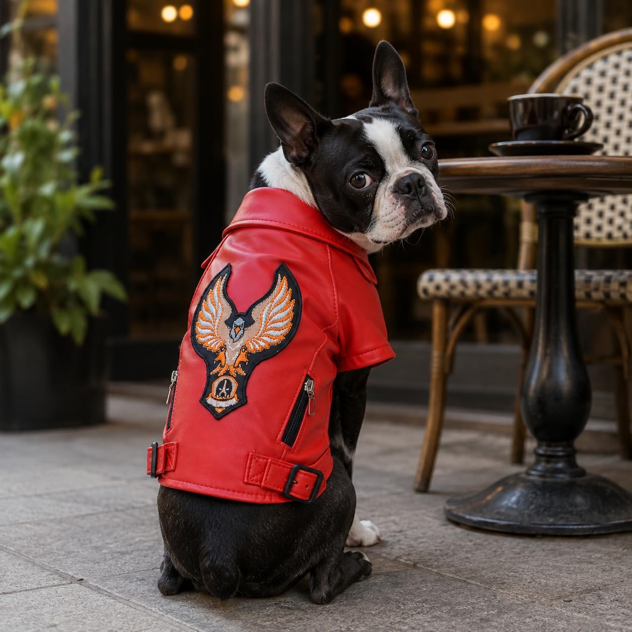 Lovelonglong Cool Dog Leather Jacket, Warm Coats Dogs Windproof Cold Weather Coats for Large Medium Small Dogs with Eagle Embroidery Black XS