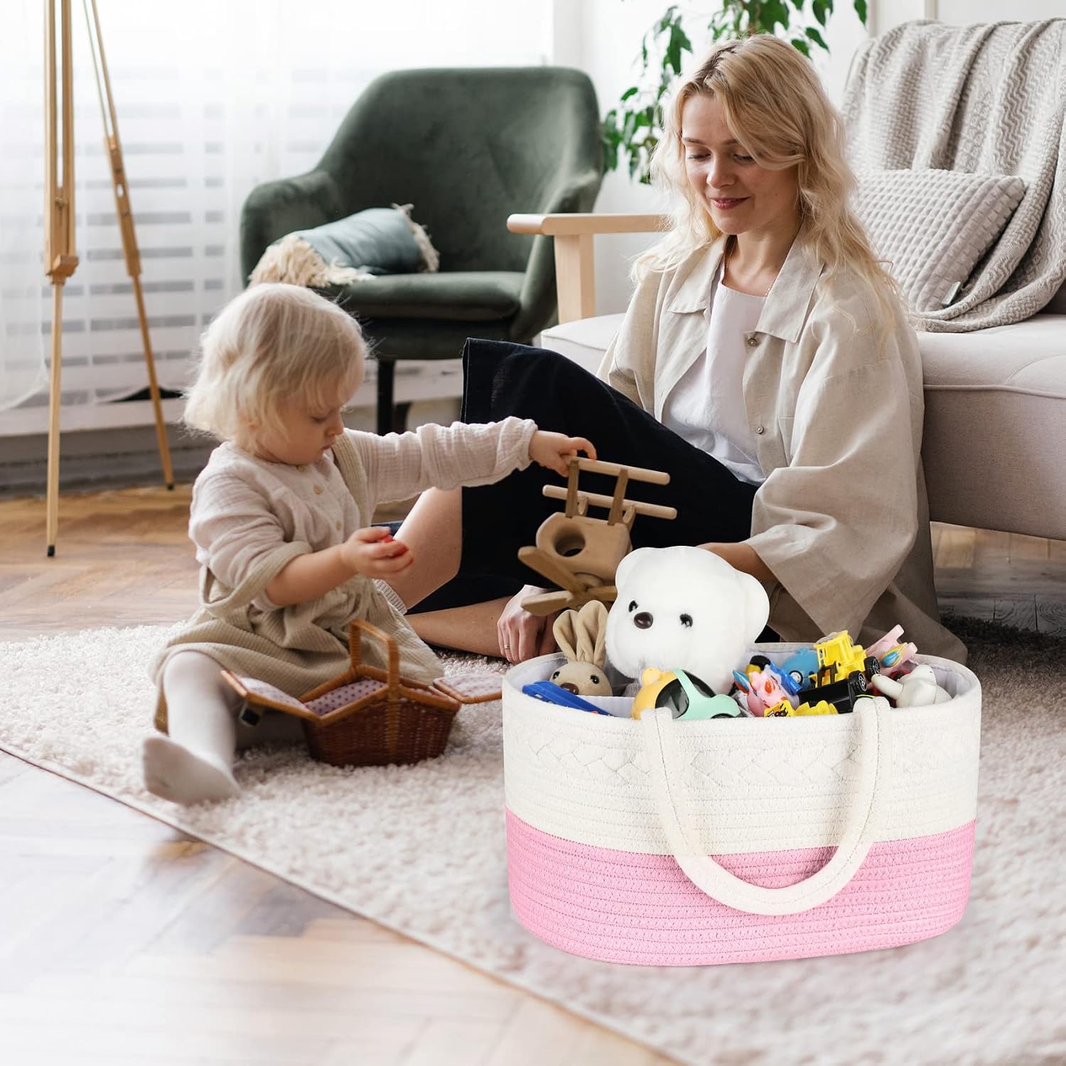ABenkle Baby Diaper Caddy, Nursery Storage Bin and Car Organizer for Diapers and Baby Wipes, Cotton Rope Diaper Basket Caddy