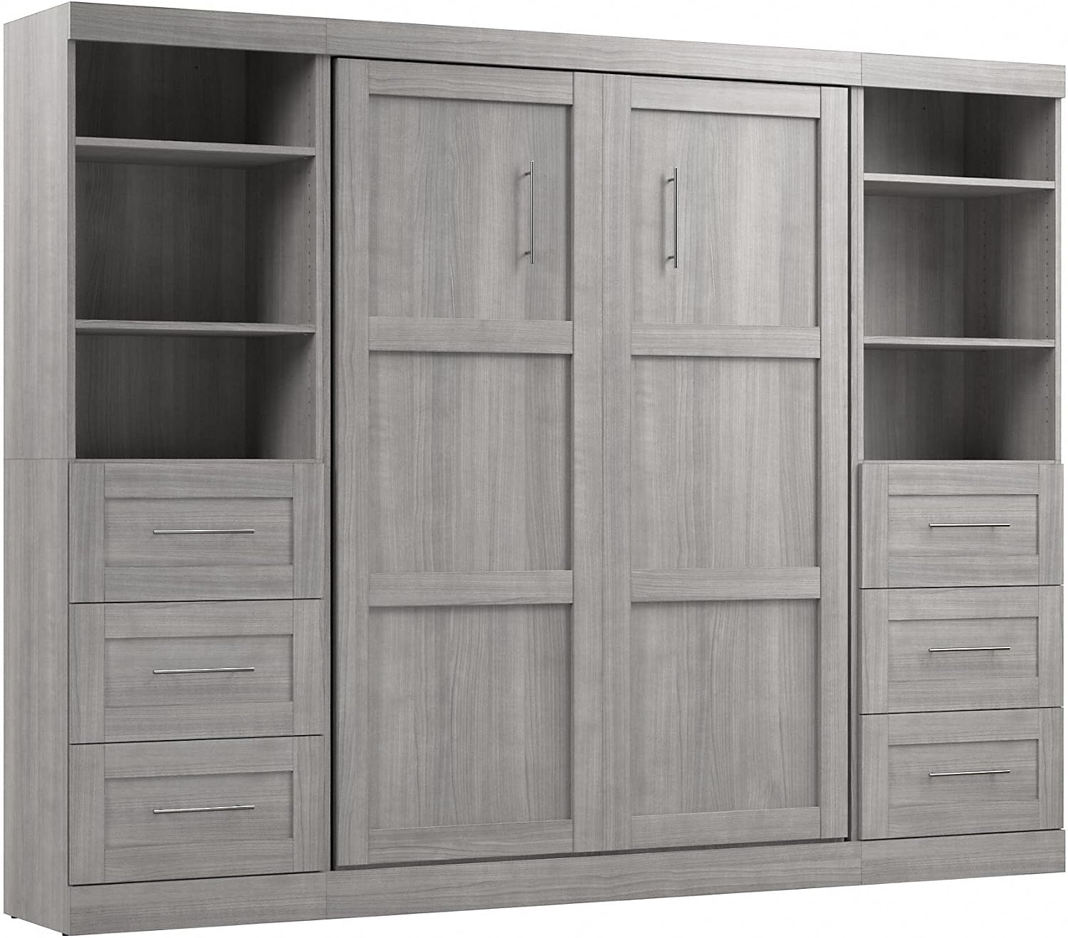 Bestar Pur Full Murphy Bed and 2 Shelving Units with Drawers, 109-inch Space-Saving Sleeping Arrangement in White | 2 Shelving Units with Drawers; supports up to 1000 lb; min. ceiling height 86.4 in.; dual piston mechanism; 10-year warranty