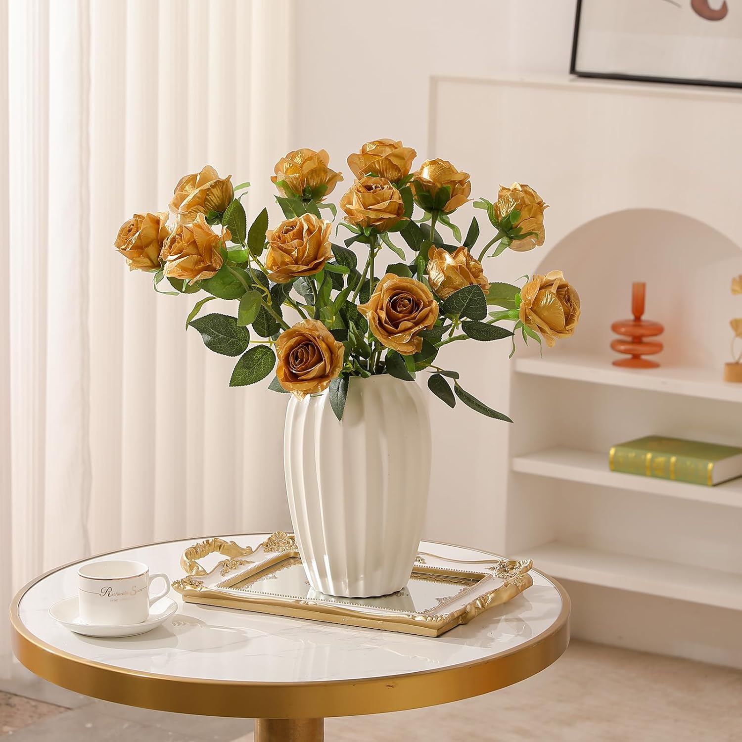 Hawesome 12PCS Artificial Silk Flowers Realistic Roses Bouquet Long Stem for Home Wedding Decoration Party (Yellow, 6 Flowers 6 Buds)