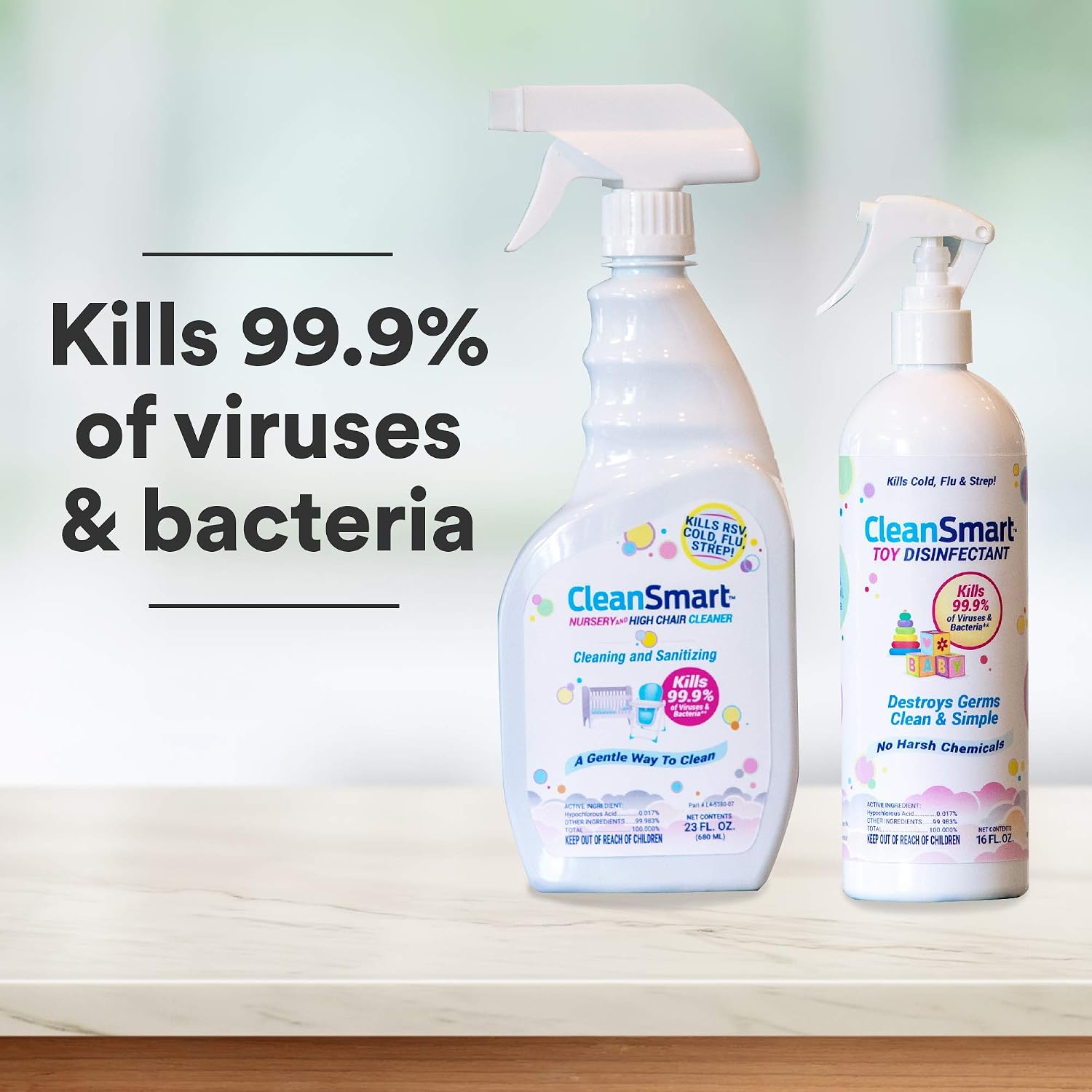 CleanSmart Nursery & High Chair Cleaner, Hypochlorous Acid, 23 oz (2 pack) | Naturally Kills 99.9% of Viruses like RSV and Flu, Zero Residue
