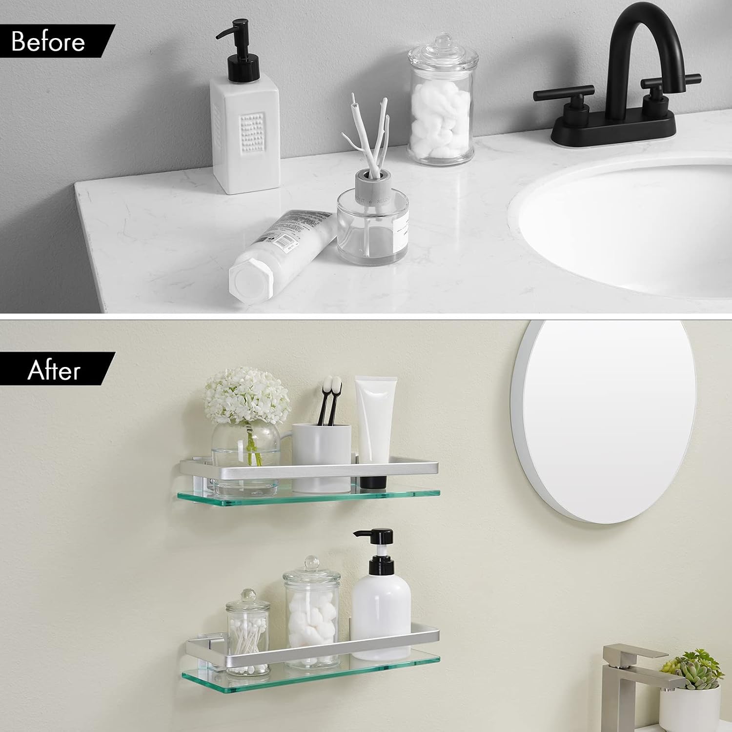 KES Glass Shelves for Bathroom, Floating Tempered Glass Shelves 14 Inch | Aluminum Extra Thick 2 Pack Rectangular Storage Organizer Wall Mount Silver