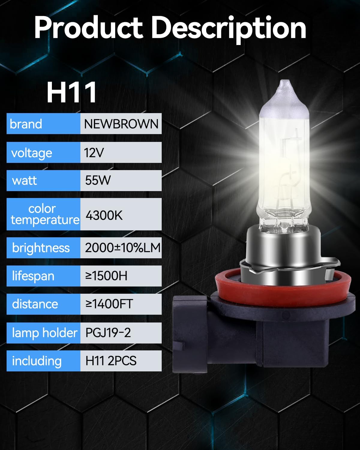 NEWBROWN H11 Headlight Bulb Halogen 5000K Super White Light Long Life Replacement PGJ19-2 12V/55W (H11, 2 Pack)