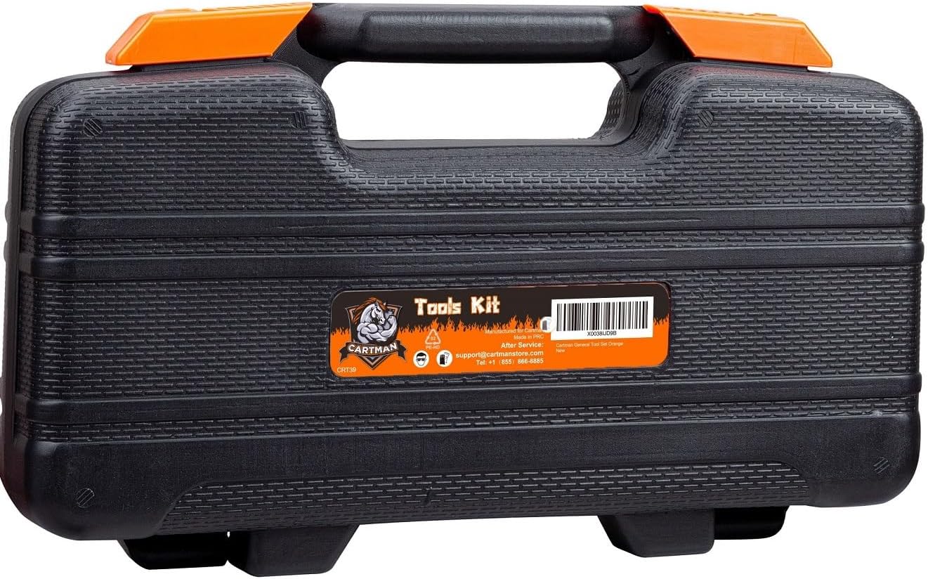 CARTMAN 39-Piece Household Tool Set, Orange Hand Kit With Storage Case | Complete assortment for home repairs, DIY projects, furniture setup, crafting, and daily household fixes in toolbox.