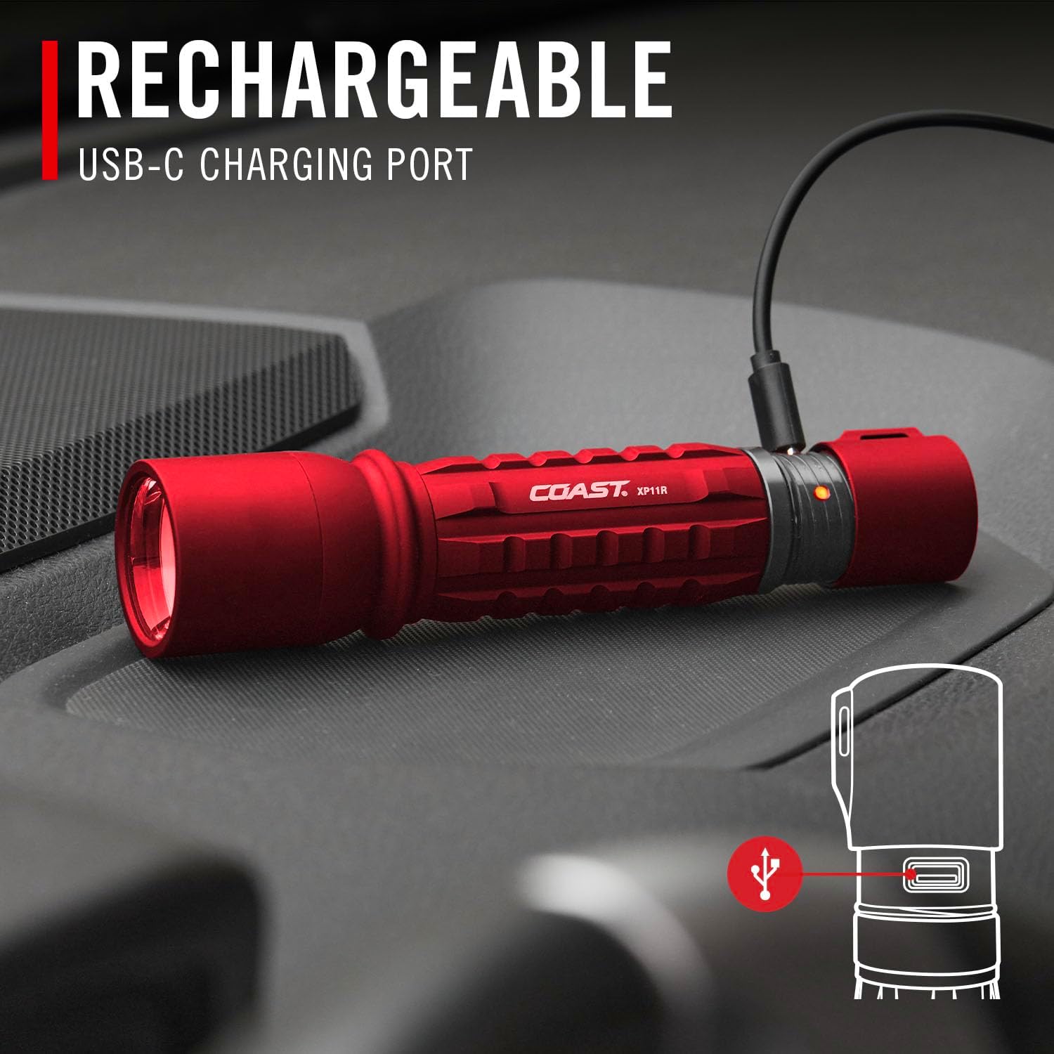 Coast XP11R 2600 Lumen USB-C Rechargeable LED Flashlight with Slide Focus and Pure Beam Focusing Optic, 4 Light Modes, Black