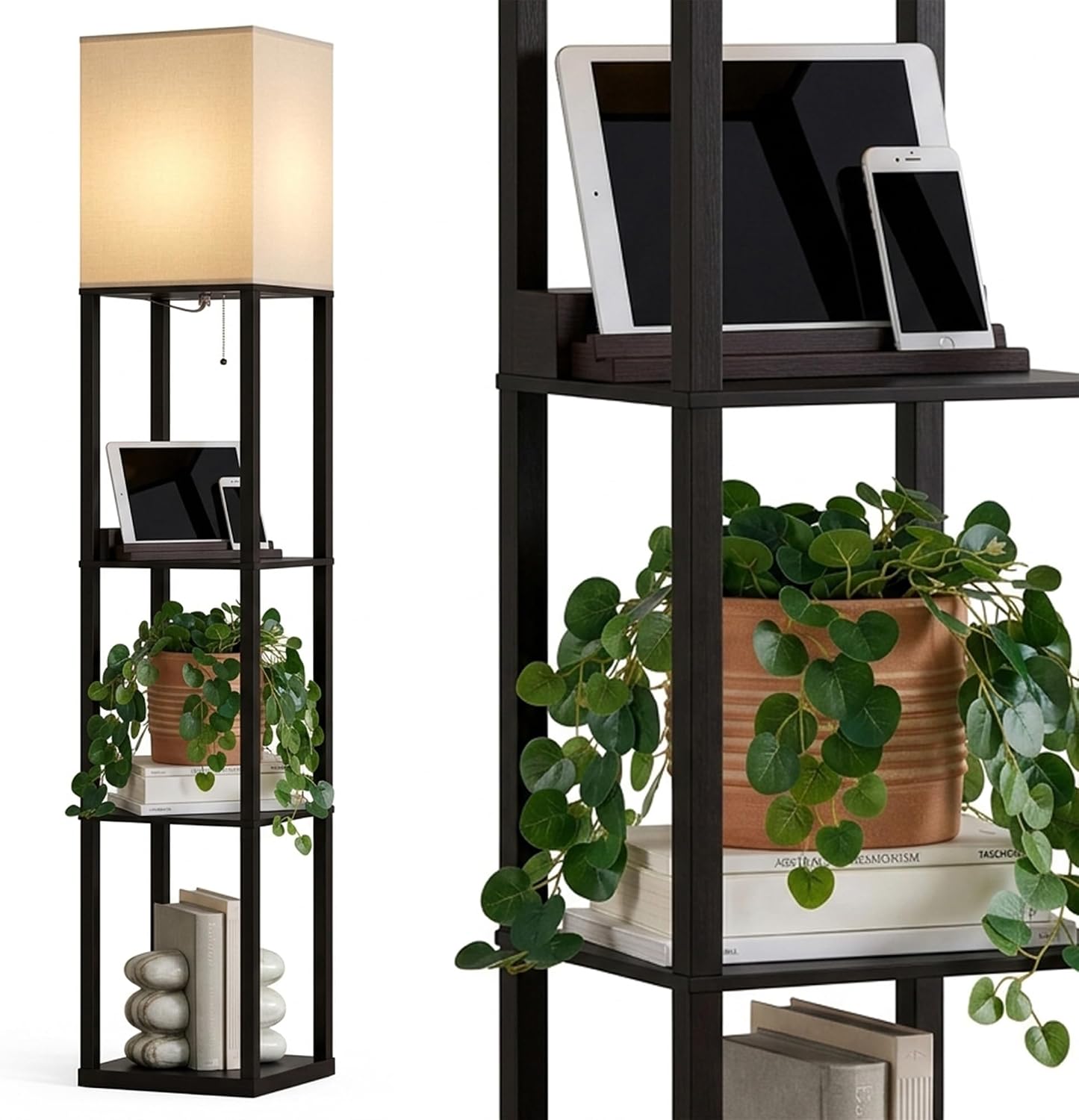Brightech Maxwell Charger - Modern Shelf Floor Lamp with USB Charging Ports & Electric Outlet - Corner Display Floor Lamps with Shelves for Living