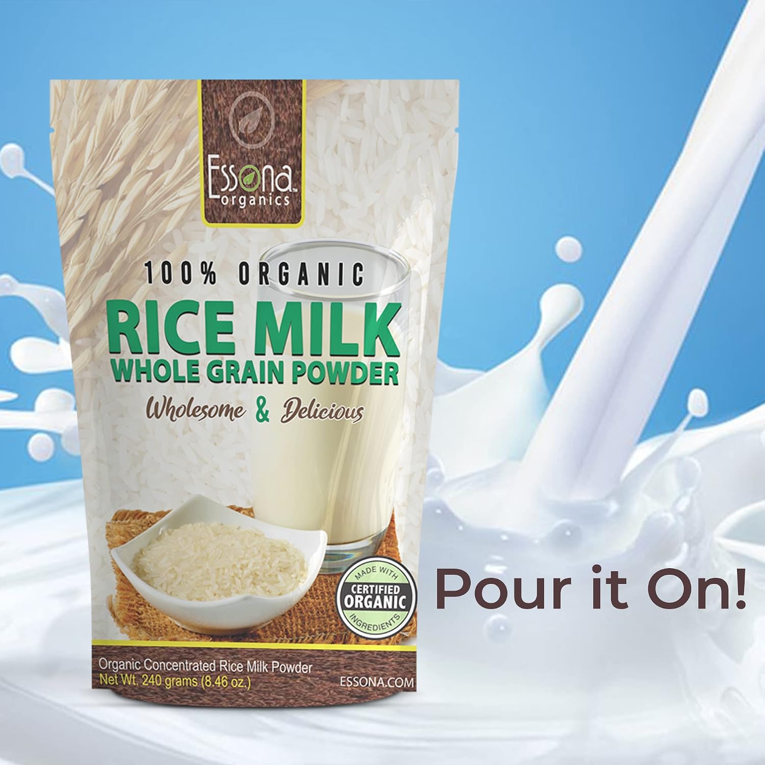 Raw Organic Rice Milk Powder from Essona Organics. Convenient re-sealable pouch. Now Larger Size 240 grams. New Package.