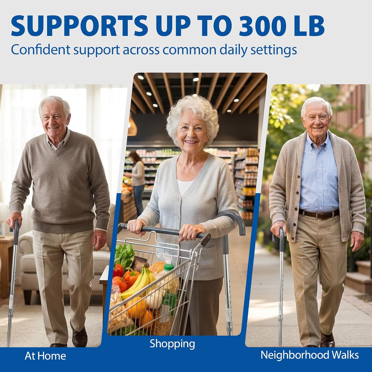 Blue Jay Adjustable Walking Cane for Men & Women - Lightweight Aluminum Walking Stick for Seniors & Elderly - Sturdy Non-Folding Cane with Ergonomic