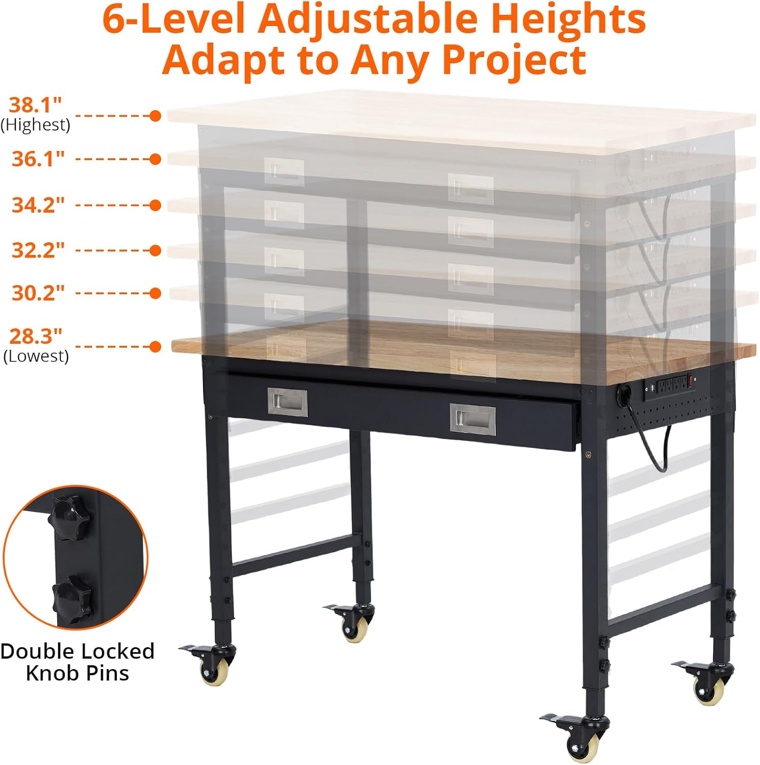 48" Adjustable Workbench, Heavy Duty Workstation with Drawer Storage, 2000LB Load Capacity