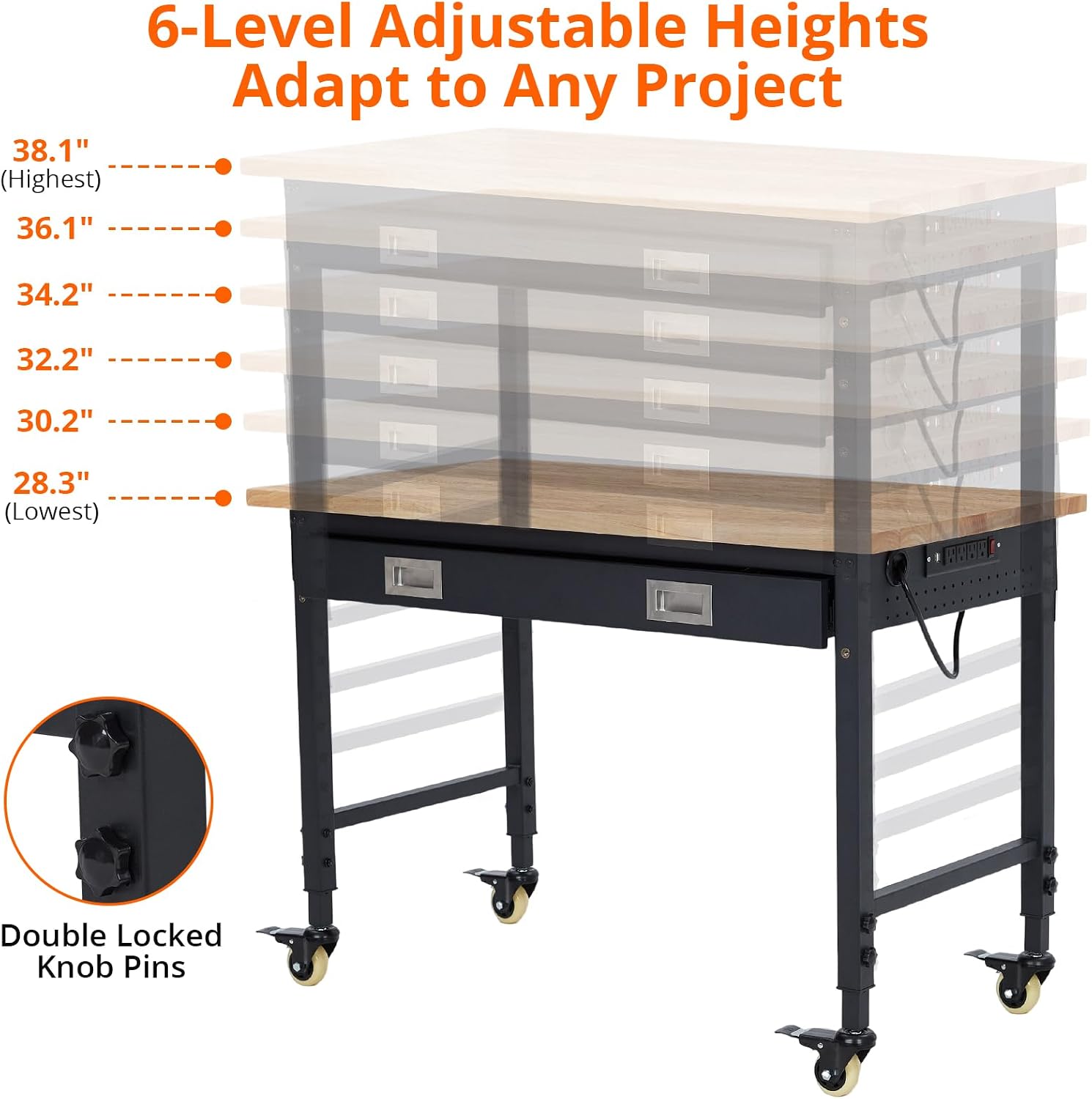 48’’x24’’ Adjustable Workbench,Workbench with Drawers,Darage Workbench with Pegboard,2000 LB Load Capacity,4 Rolling Casters, Power Outlets, Metal Frame,for Garage, Workshop, Home, Office