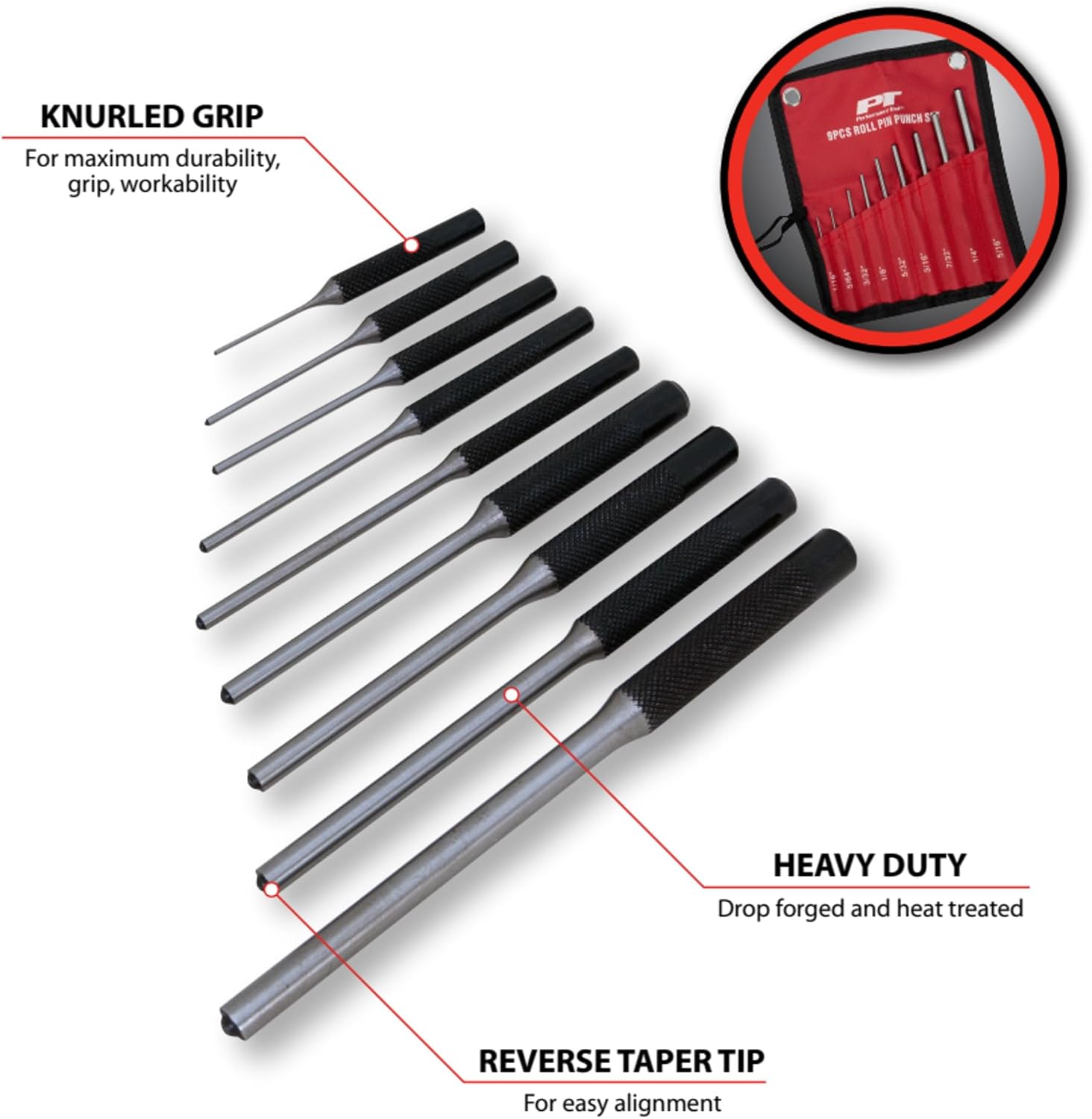 Performance Tool W758 5-Piece 8 in. Long Pin Punch Set | Carbon steel construction with hardened tips. Knurled handles for sure grip. Reaches deeply set pins