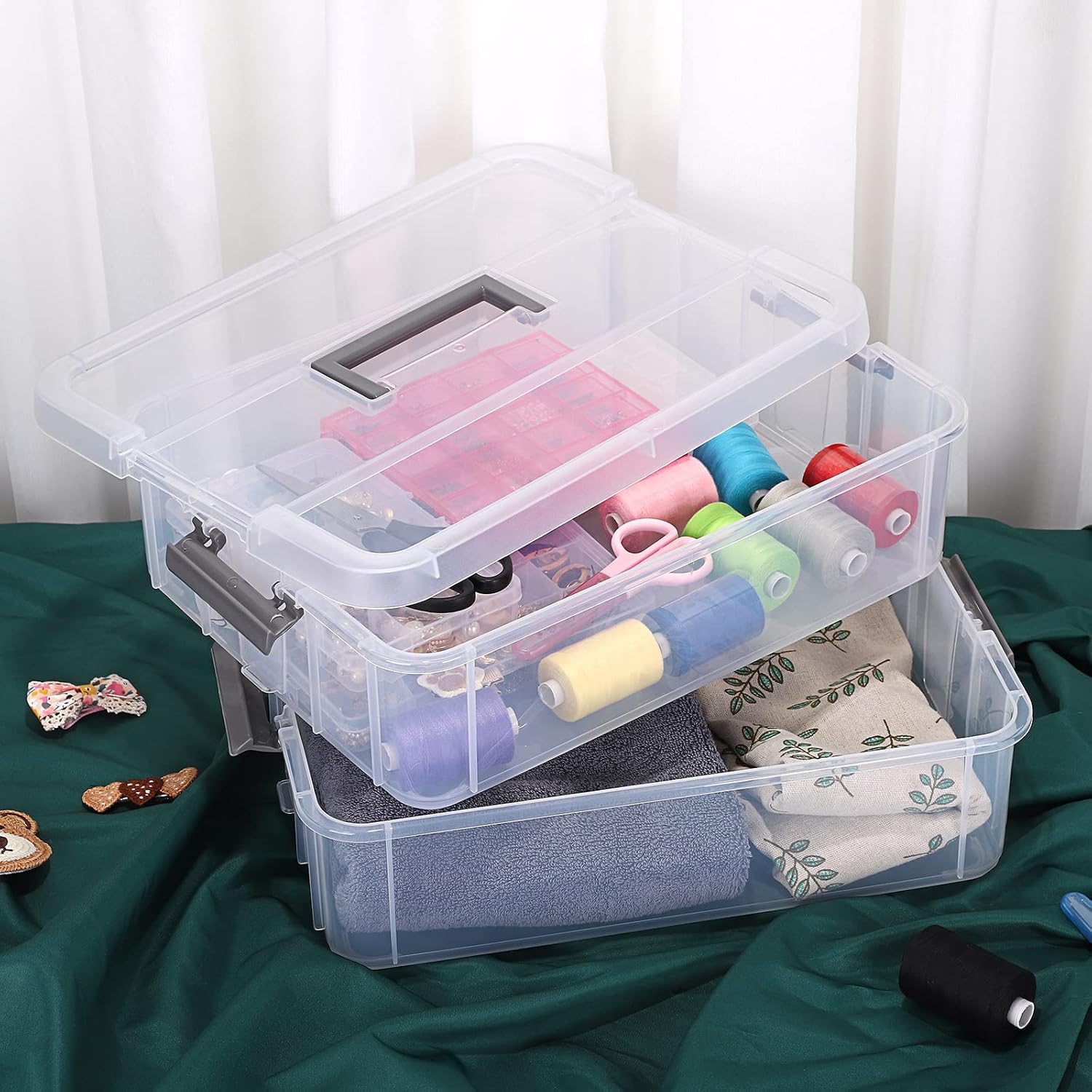 JUXYES 2-Tiers Plastic Stack Carry Storage Containers Box wih Handle Lids