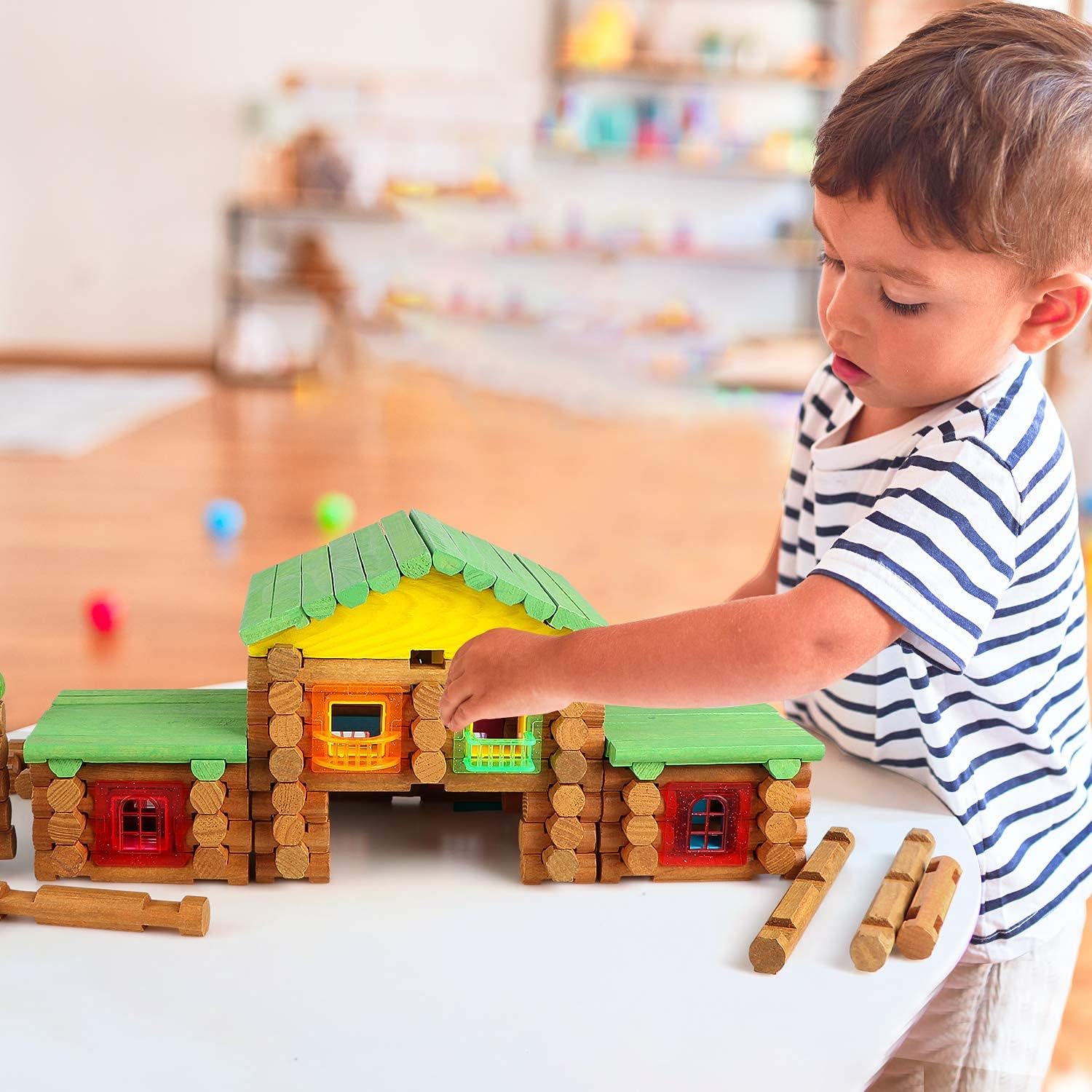Wondertoys 170 Pieces Wood Logs Set Ages 3+, Classic Building Log Toys for Boy, Creative Construction Engineering Educational Gifts