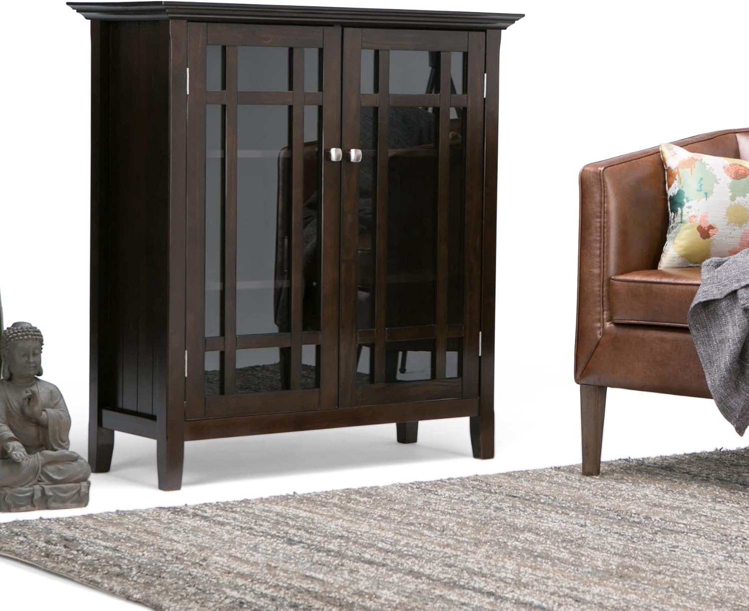 SIMPLIHOME Bedford 62" Wide Solid Wood Sideboard in Brunette Brown | Transitional low media console with glass doors and storage shelves for the living room, entryway or dining room.