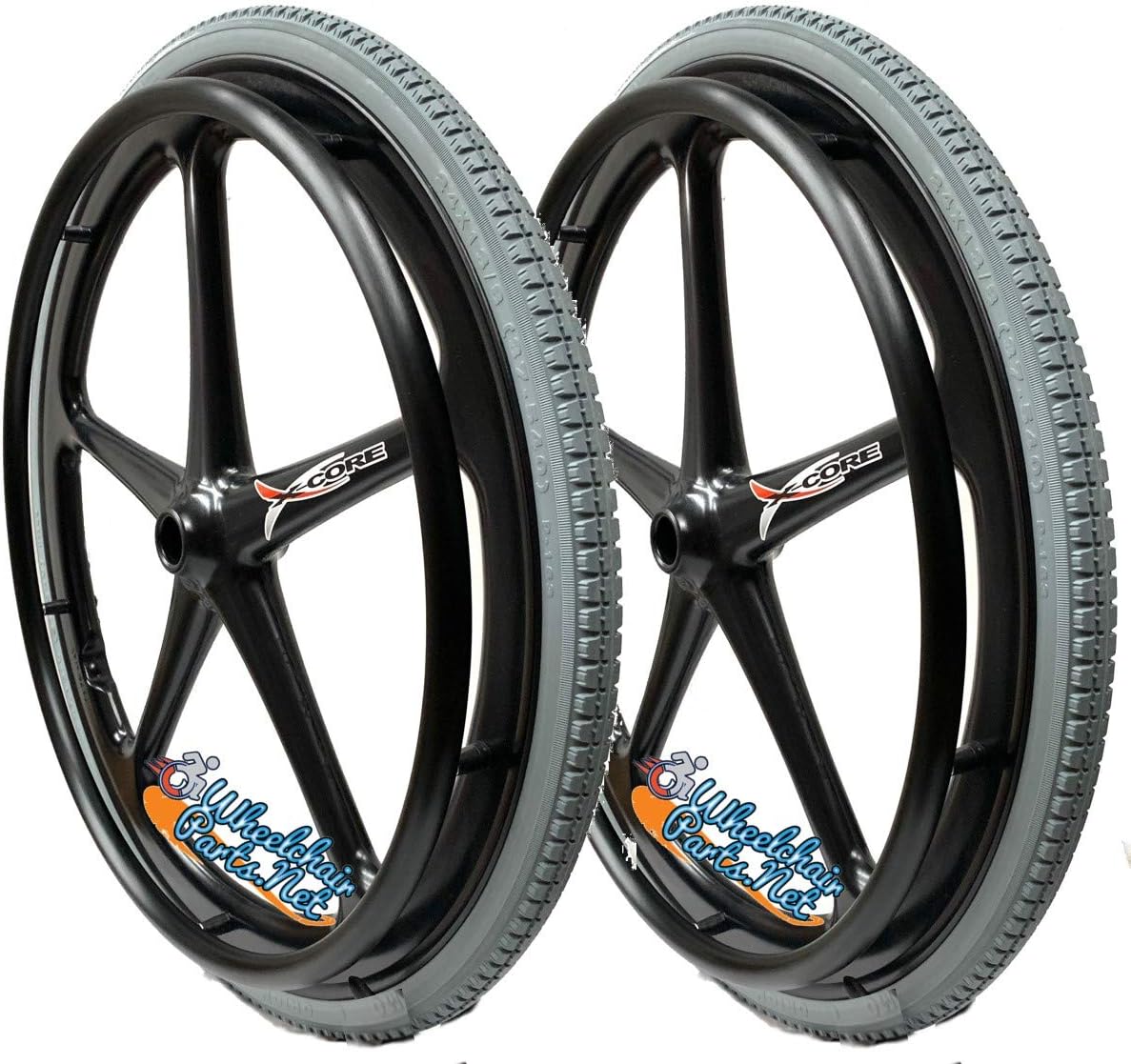 Set of 2 X-CORE Rear Wheelchair-WHELS 24" X1 3/8" (540) Black Color with Everyday Street Tires & Push Rims