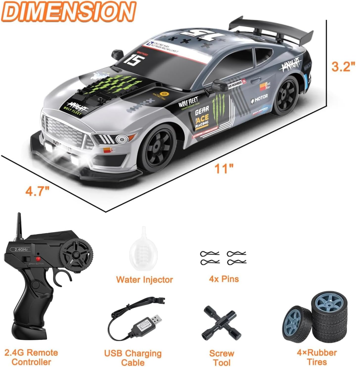 Dollox RC Drift Car 1/16 Scale Remote Control Car 2.4GHz 4WD High Speed 18+KM/H Race Car with LED Light and Spray, Extra Drifting Tires Racing Vehicle Toy Birthday Gifts for Adults Boys, 2 Batteries
