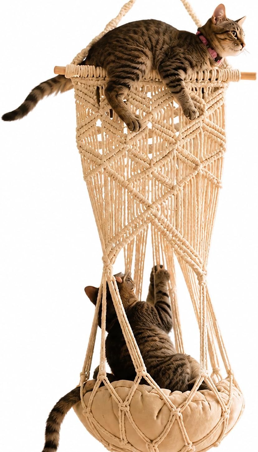 KARCEEY Macrame Cat Hammock Hanging Bed - Boho Wall Swing with Catnip Cushion for Wall Climber & Window Perch - Hardware Kit Included