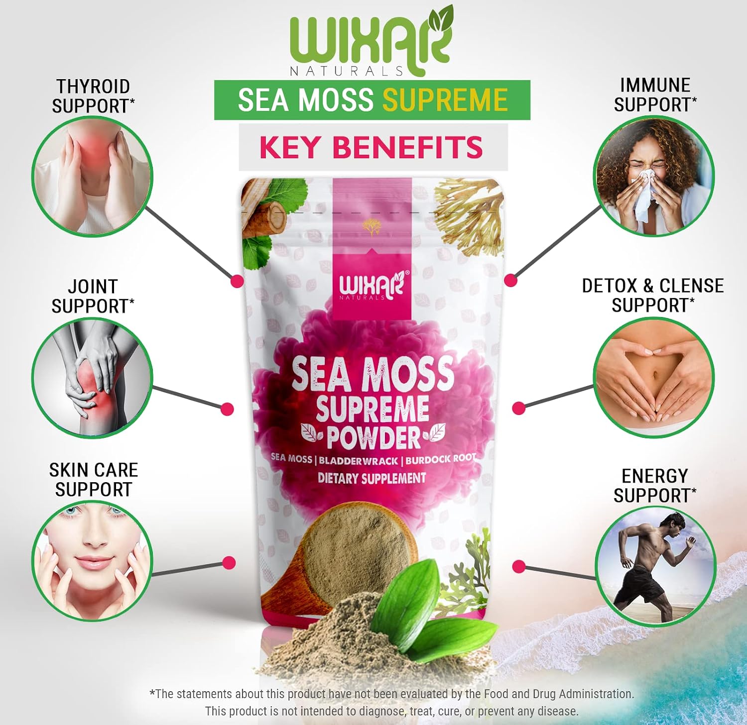 Wixar Wildcrafted Sea Moss Powder – (8 Ounces) – Natural Irish Sea Moss and Bladderwrack with Burdock Powder - Thyroid Support, Healthy Skin